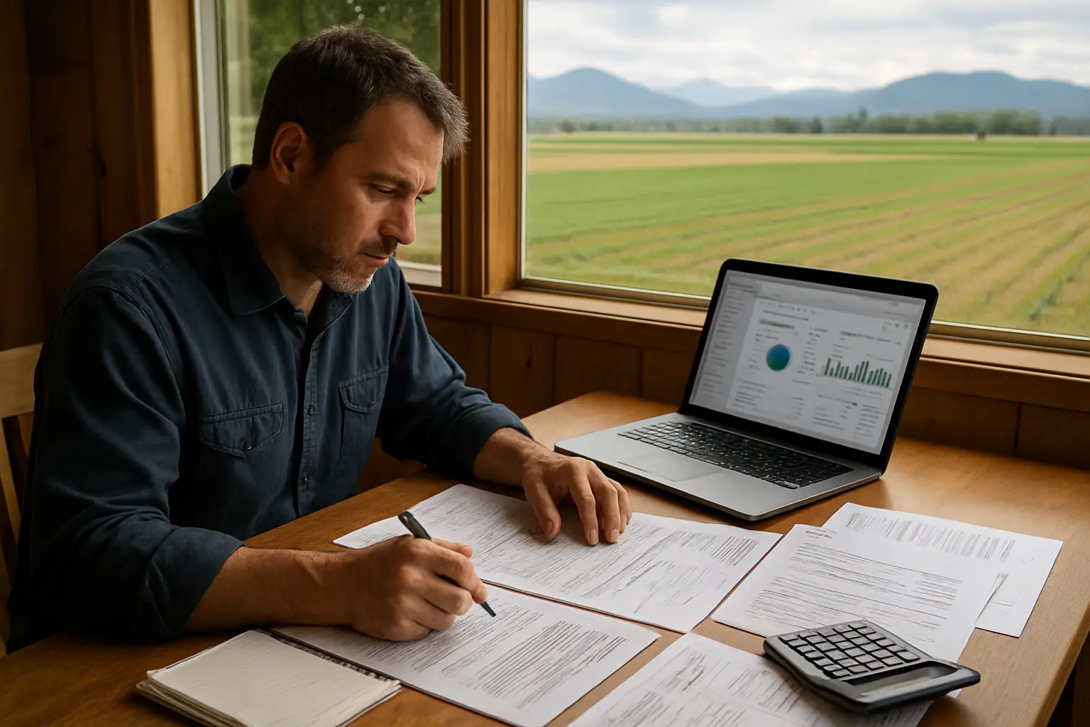 Abbotsford BC farm or agricultural business owner reviewing financial records in an office with a rural field or Sumas Prairie view in the background