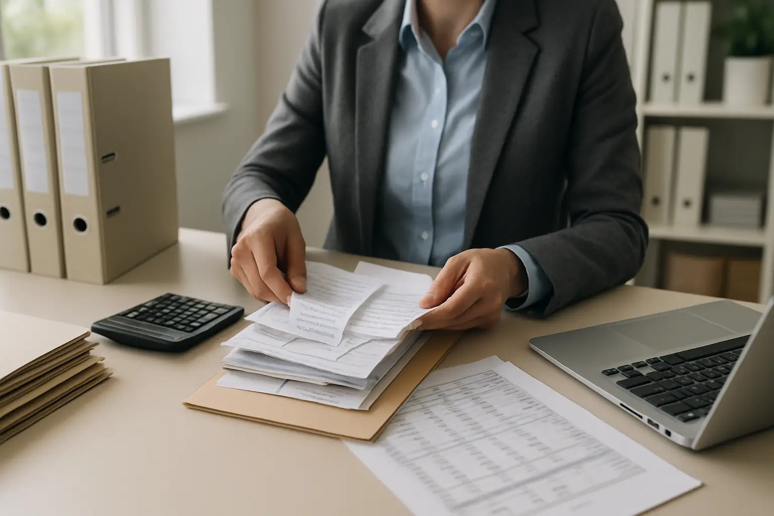 Accountant organizing tax records and receipts for a Surrey business owner