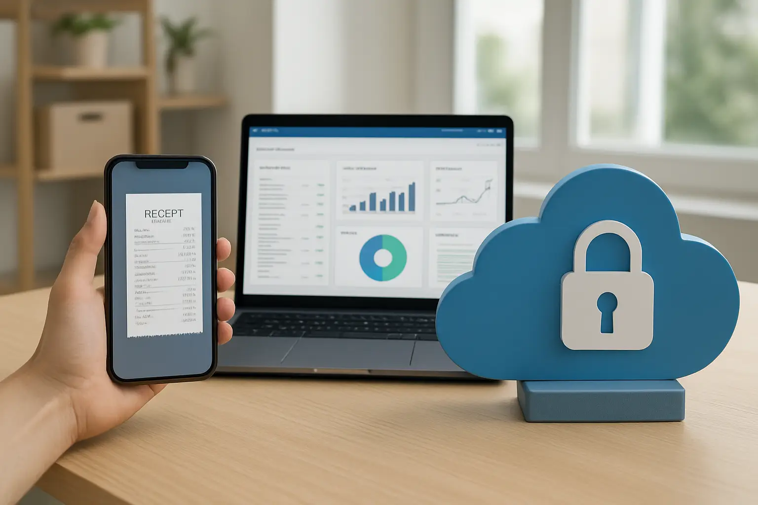 Cloud bookkeeping workflow with receipt capture mobile app bank feeds and dashboard reports