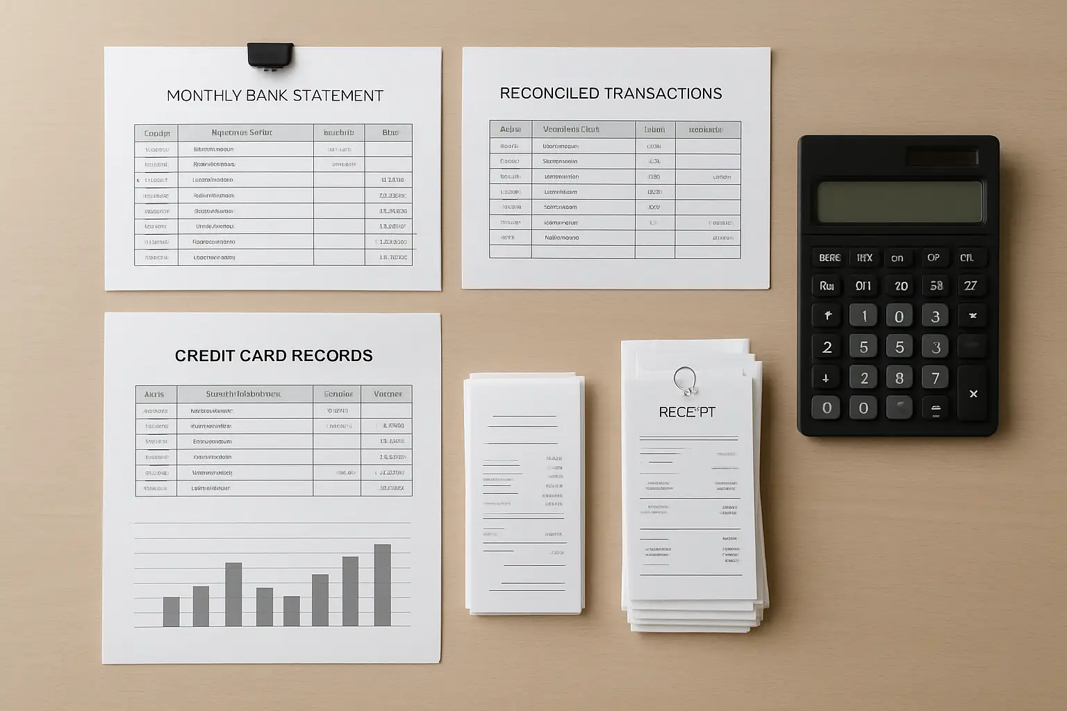 Monthly bookkeeping reconciliation with bank statements credit card records and financial reports