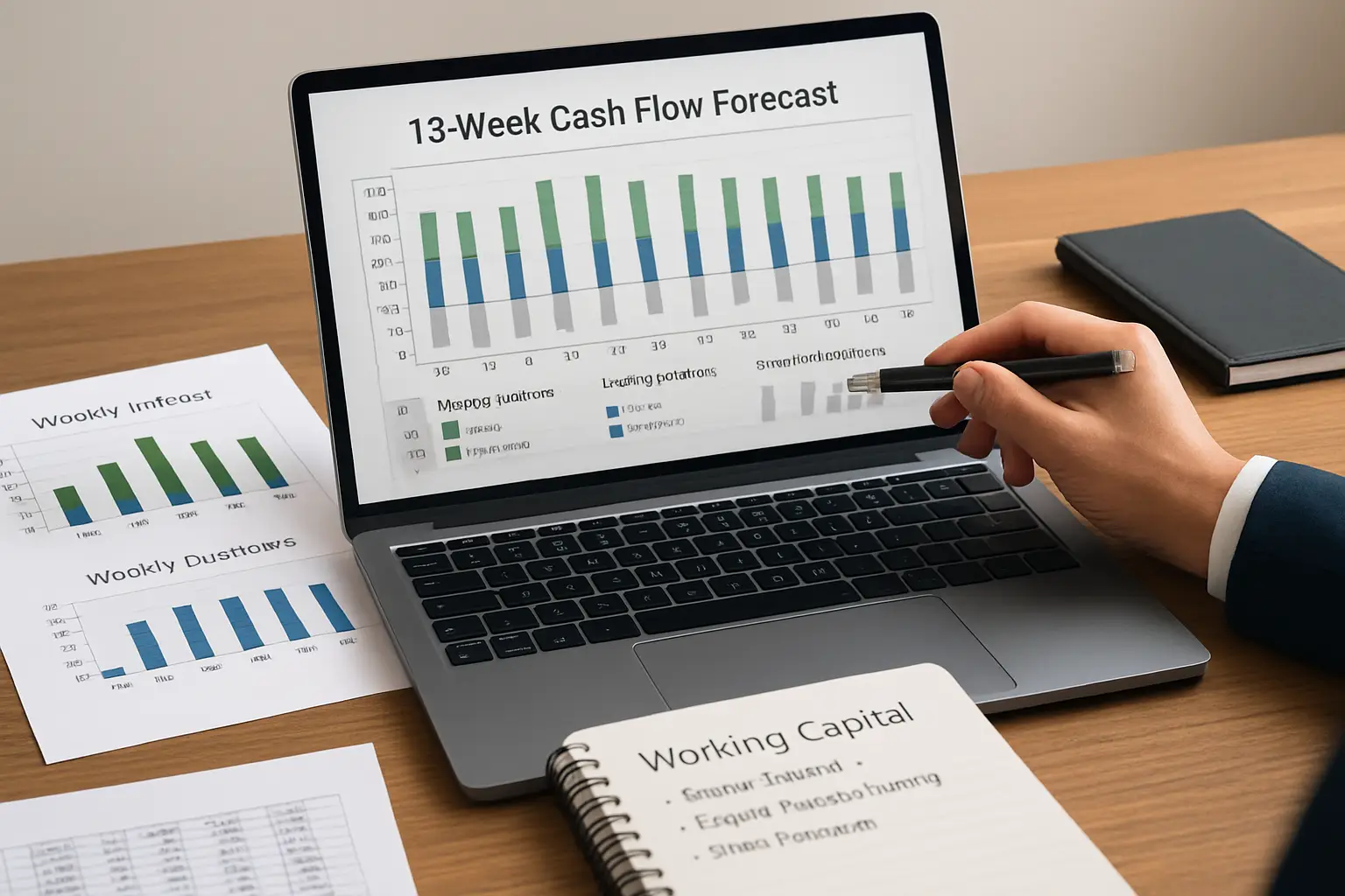Business cash flow forecast with weekly inflows outflows payroll timing and supplier payment planning