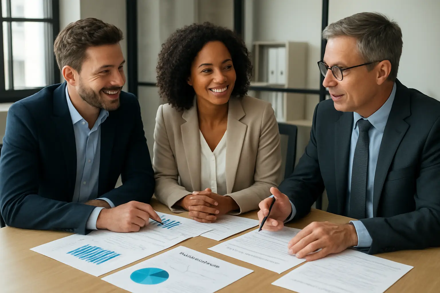 Two Surrey business owners reviewing a growth plan with financial projections and hiring scenarios