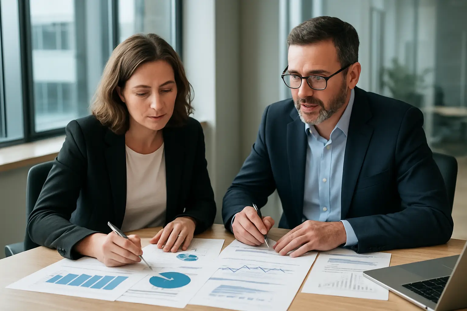 Surrey business owner and financial advisor reviewing strategy charts and growth models at a meeting table