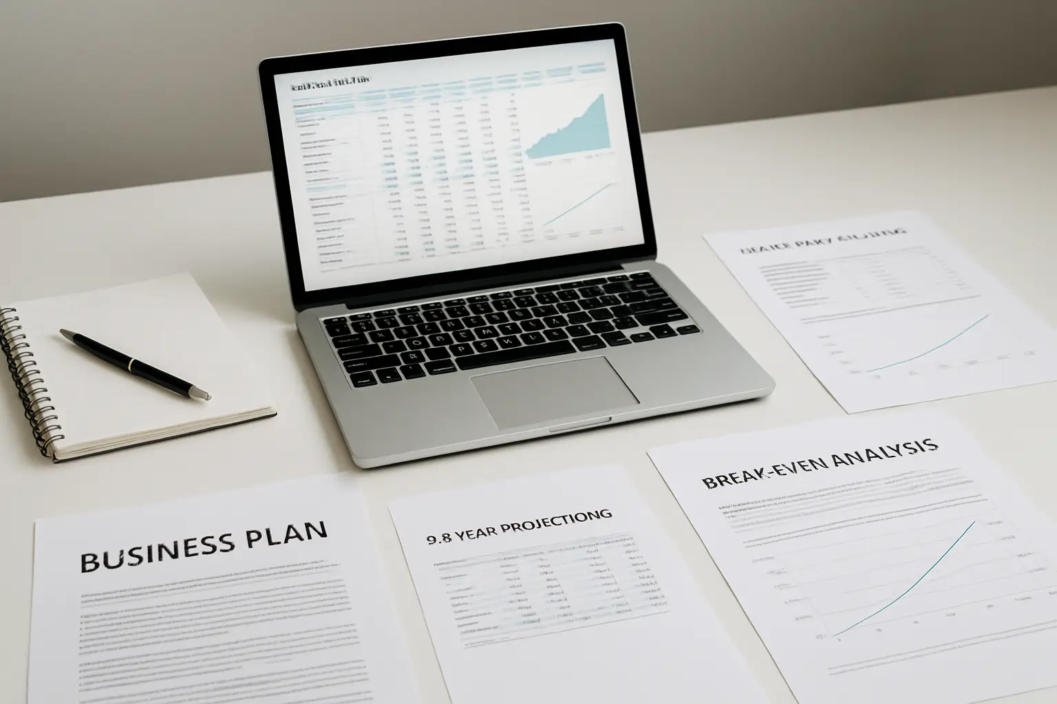 Business plan spreadsheet with financial projections funding needs and break-even analysis for a Surrey company