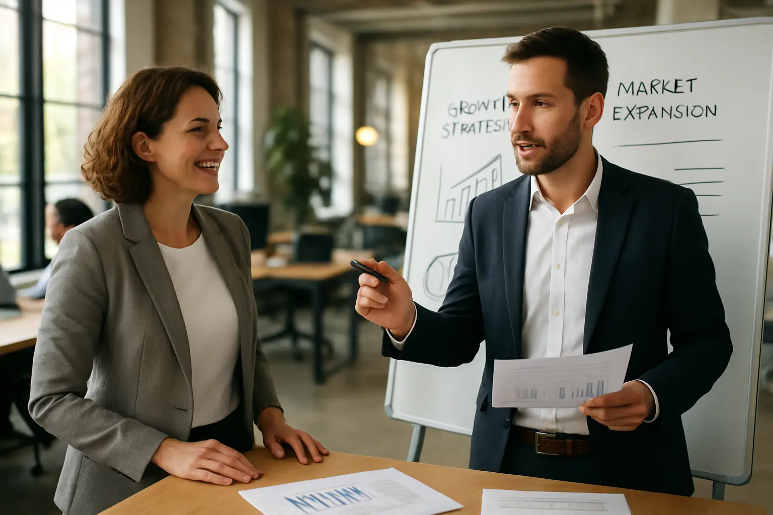 Surrey business owner and consultant reviewing a growth strategy diagram on a whiteboard