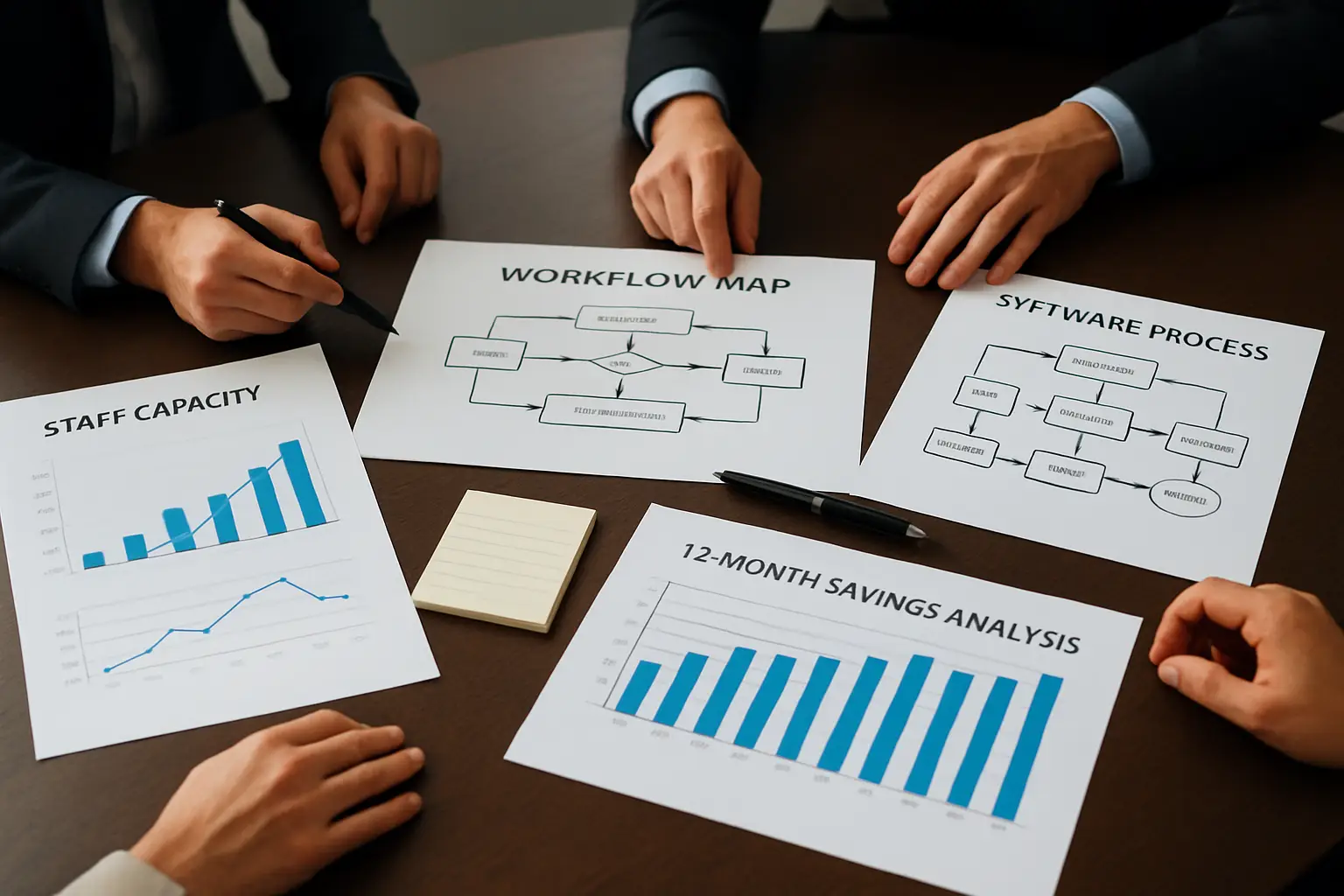 Operational efficiency review with workflow map staff capacity notes and cost savings analysis