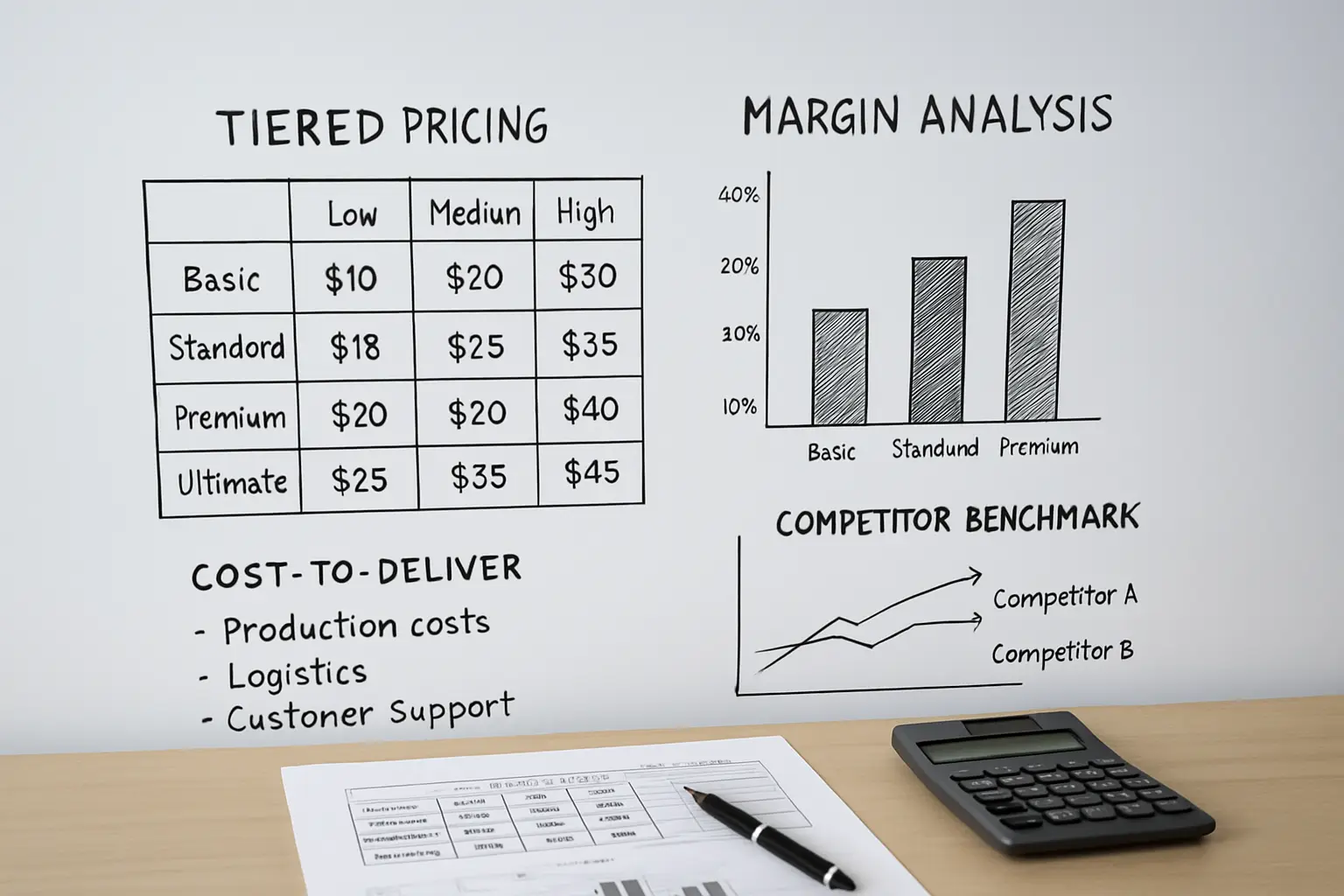 Pricing analysis matrix showing service tiers margins costs and recommended price structure