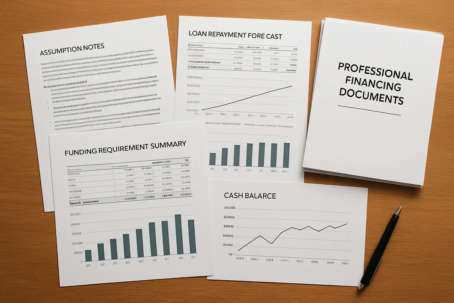 Bank and investor cash flow projection package with assumptions loan repayment forecast and funding requirement summary