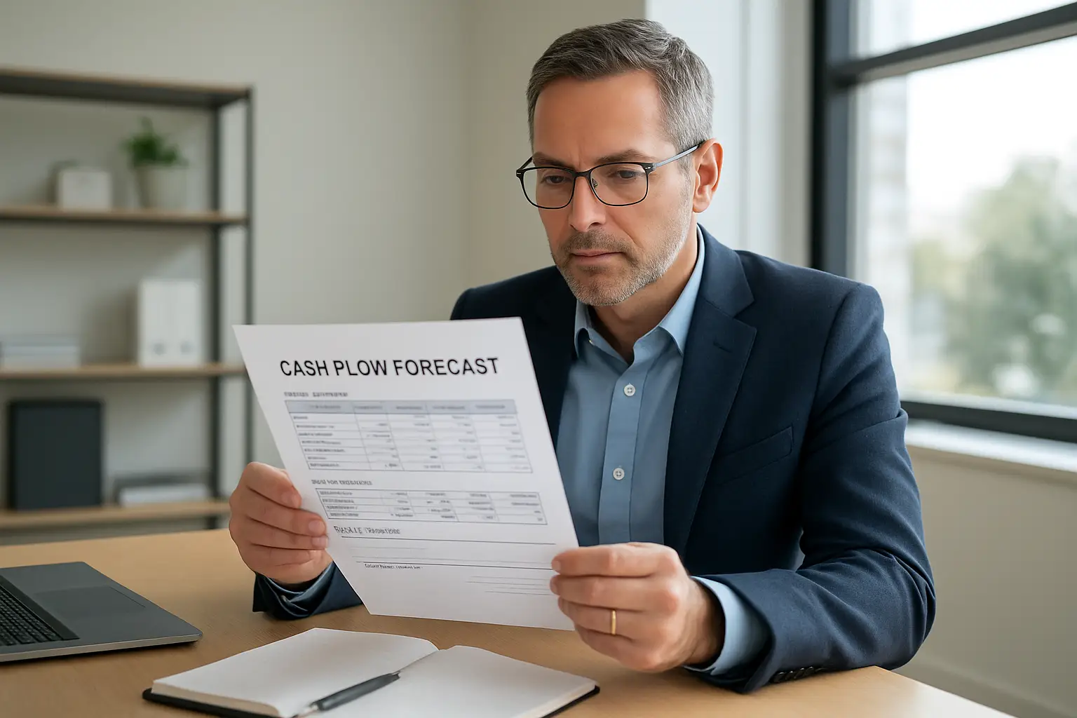 Surrey business owner reviewing cash flow forecast with weekly inflows outflows and bank balance projections