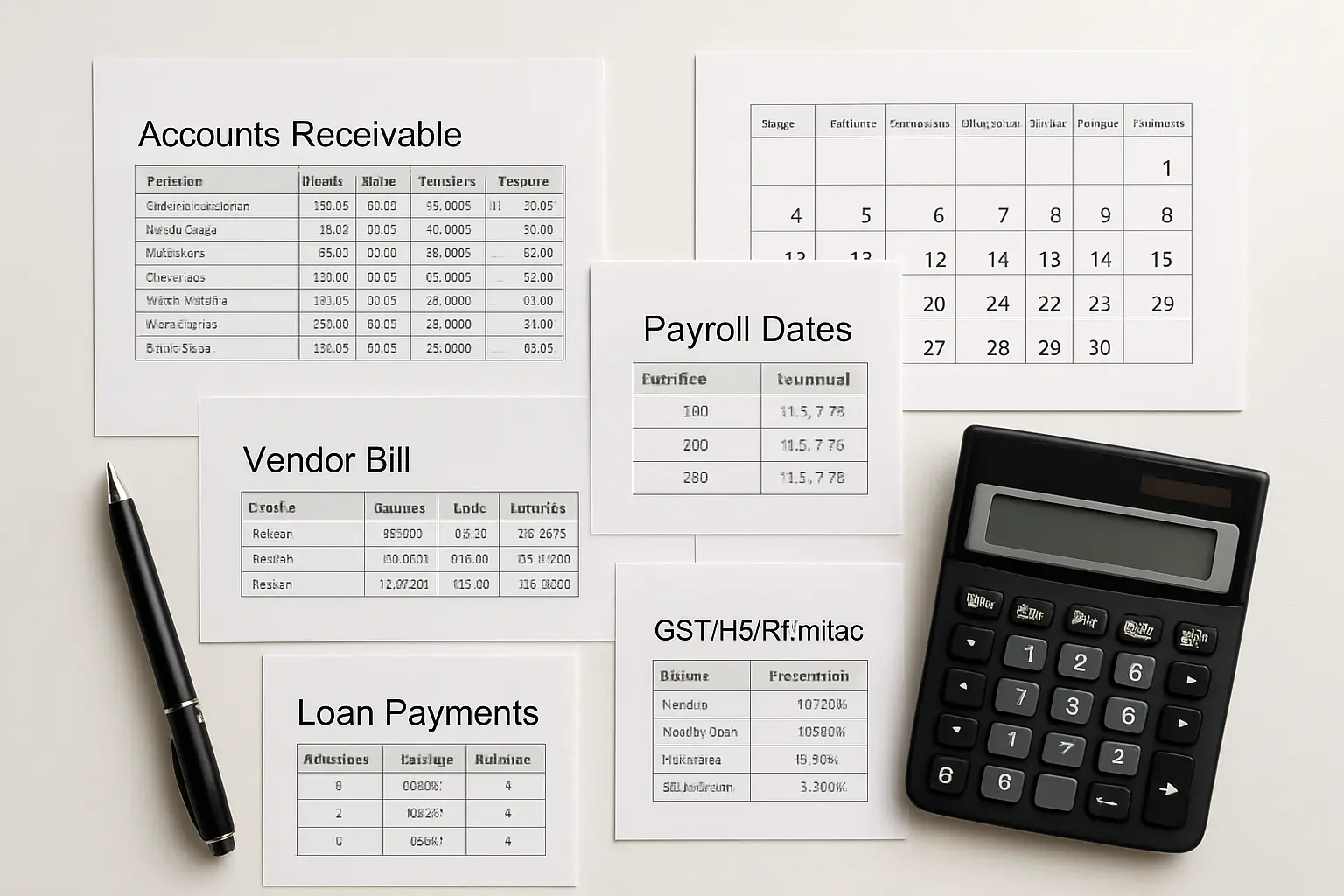 Cash flow timing plan with accounts receivable vendor bills payroll dates loan payments and GST remittance schedule