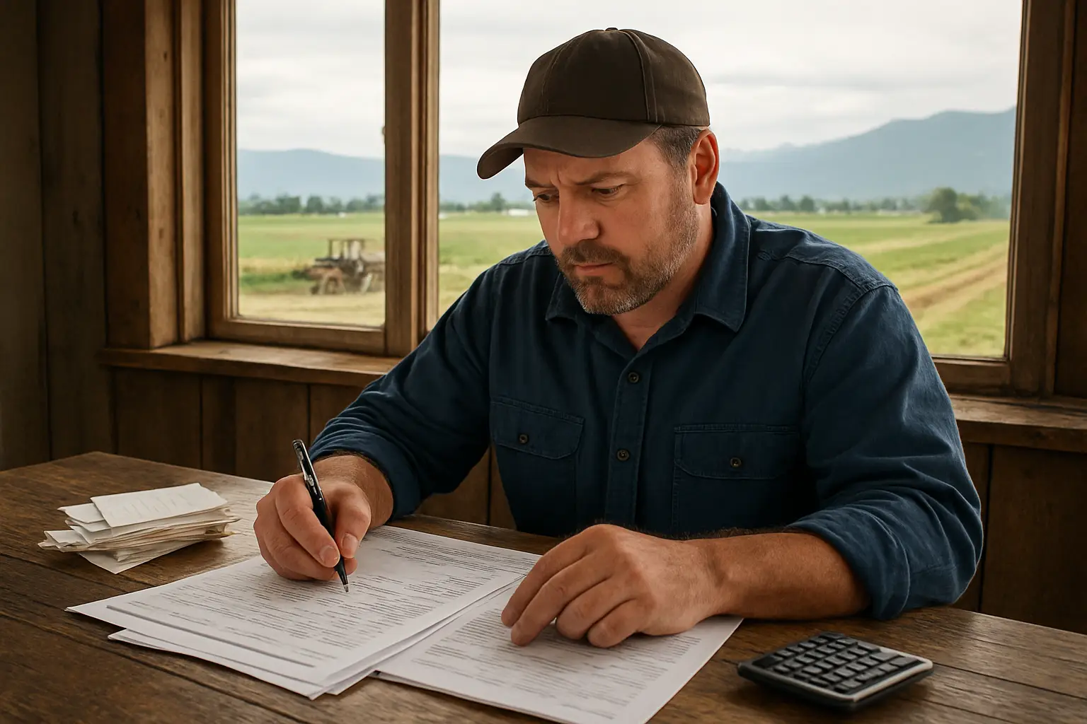 Chilliwack BC farm or trades business owner reviewing financial documents in an outdoor or rustic office setting near the Fraser Valley farmland