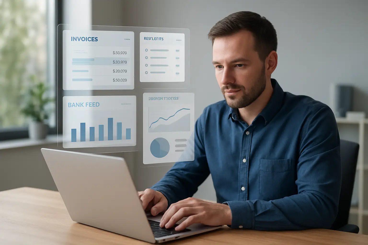 Surrey business owner using cloud accounting software for invoices receipts bank feeds and monthly reports