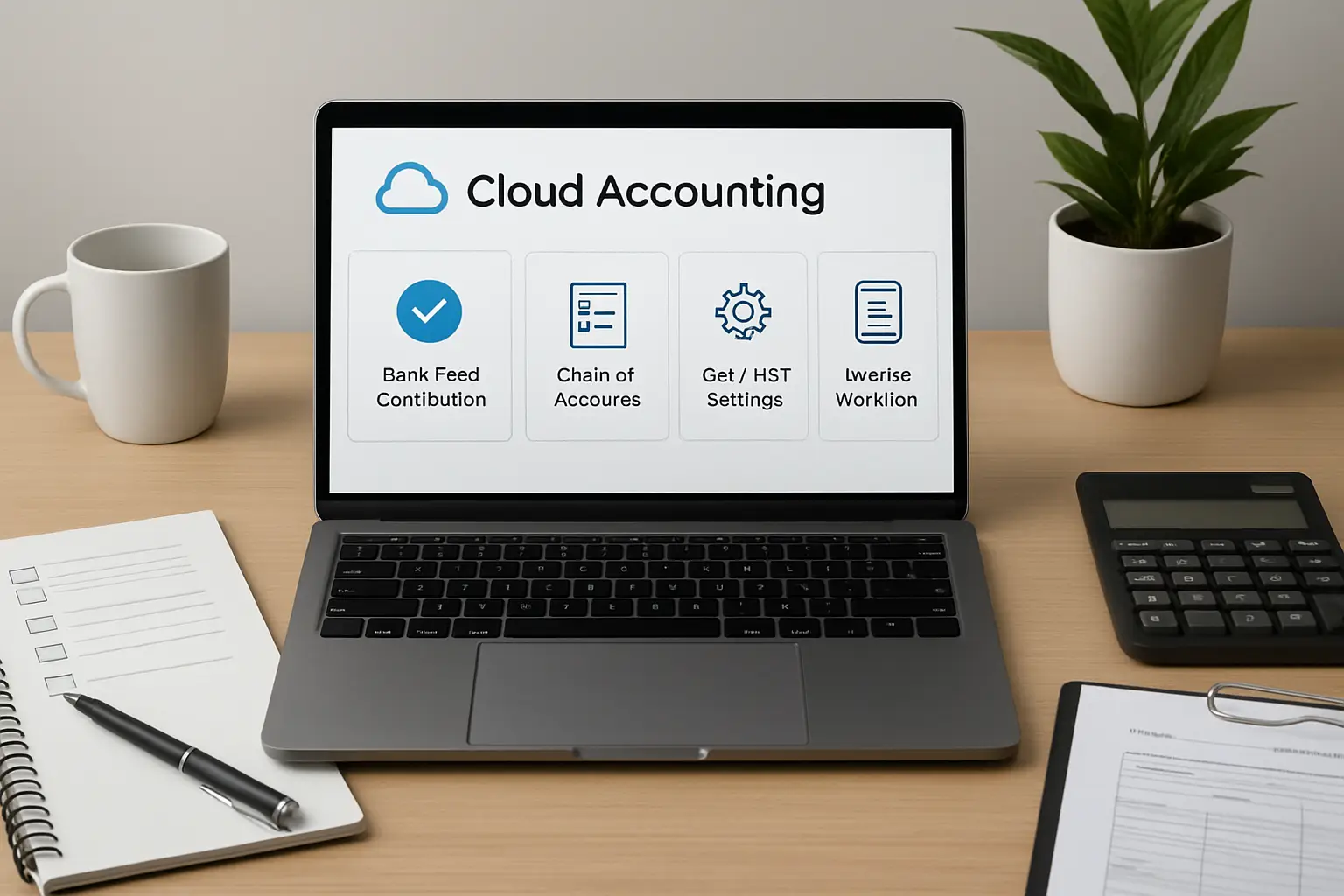 Cloud accounting software setup with bank feeds chart of accounts GST settings and invoice workflow for a Surrey business