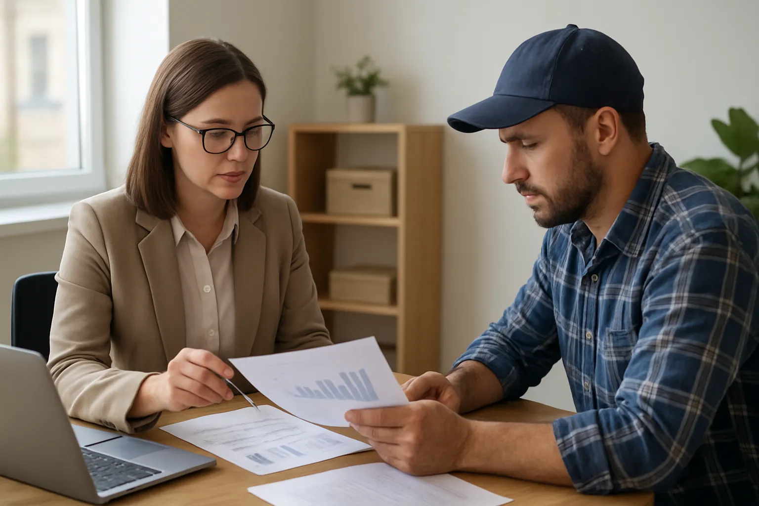 Cloverdale Surrey accountant Robin DeRidder reviewing financial documents with a trades business owner at a professional desk consultation