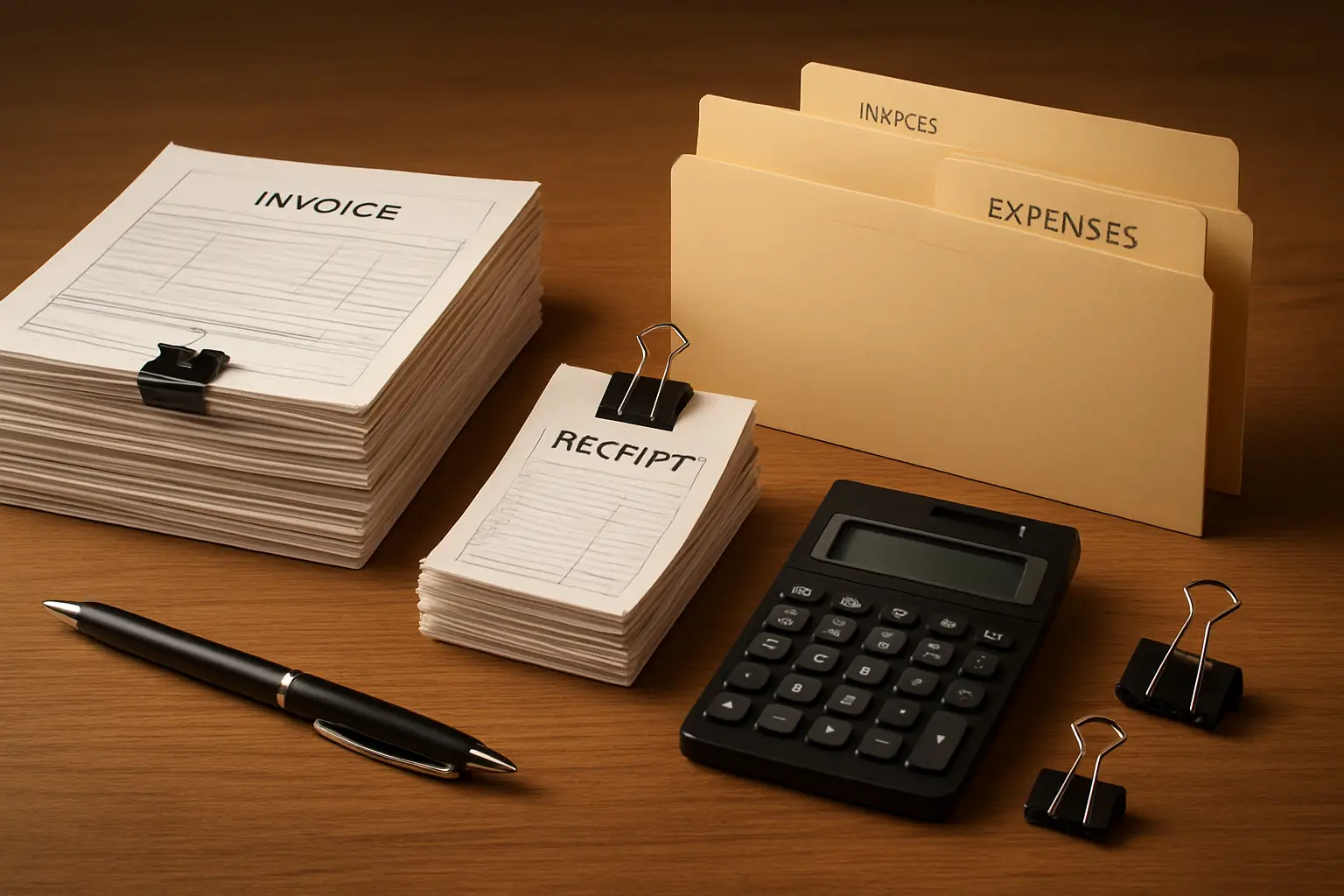 Stack of organised invoices receipts and folders on a desk representing bookkeeping cleanup and catch-up services for Cloverdale Surrey trades businesses