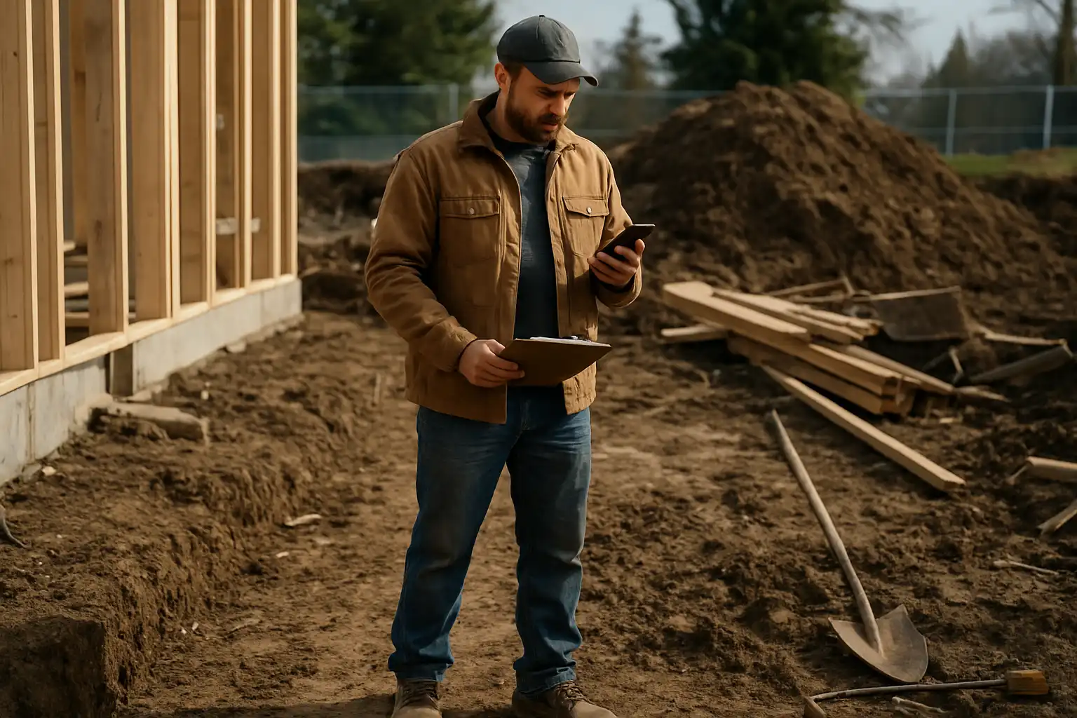 Cloverdale Surrey construction or landscaping trades business owner reviewing financials on a phone or clipboard at an active job site