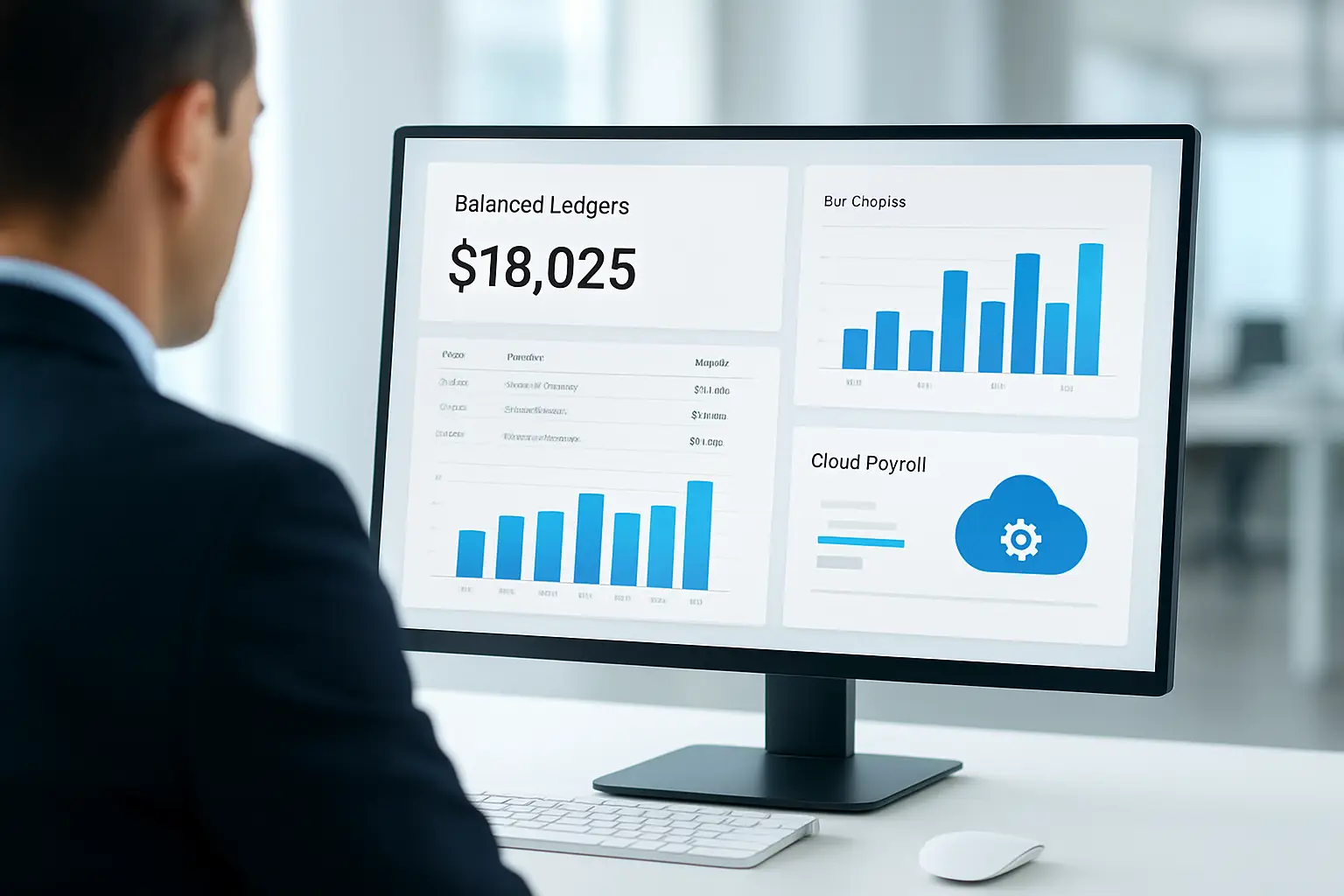 Outsourced accounting department data analytics dashboard showing balanced ledgers and cloud payroll configurations