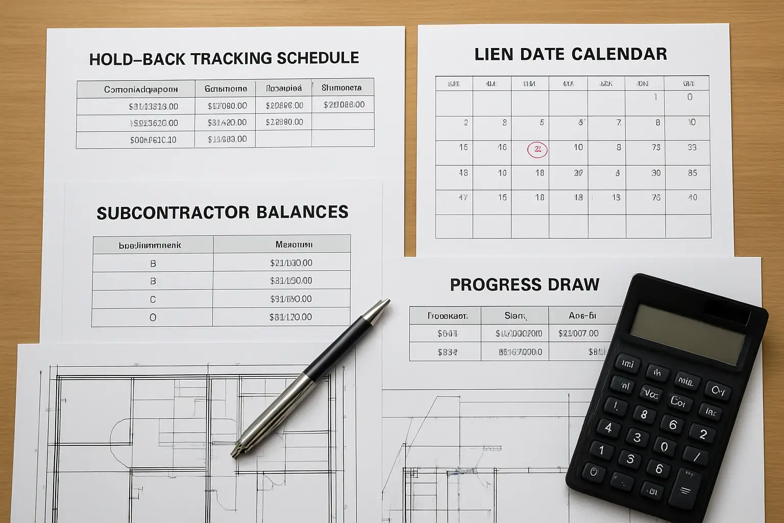 BC construction holdback and GST tracking schedule with lien dates and progress draw records