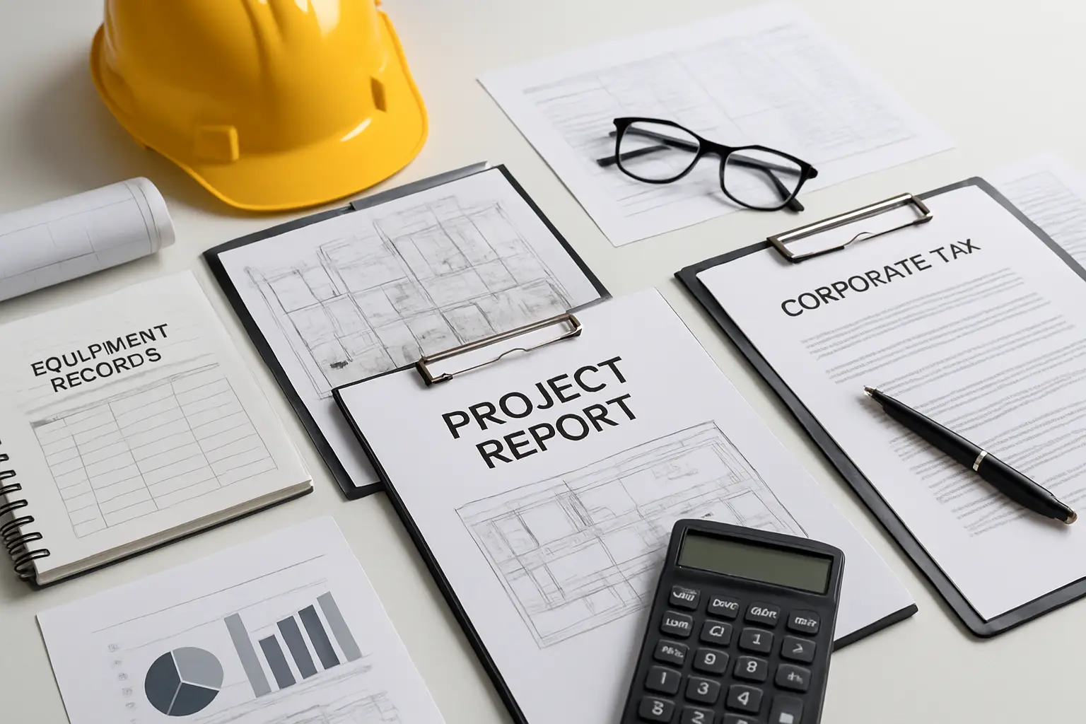 Construction tax planning documents with equipment records project reports blueprints and calculator