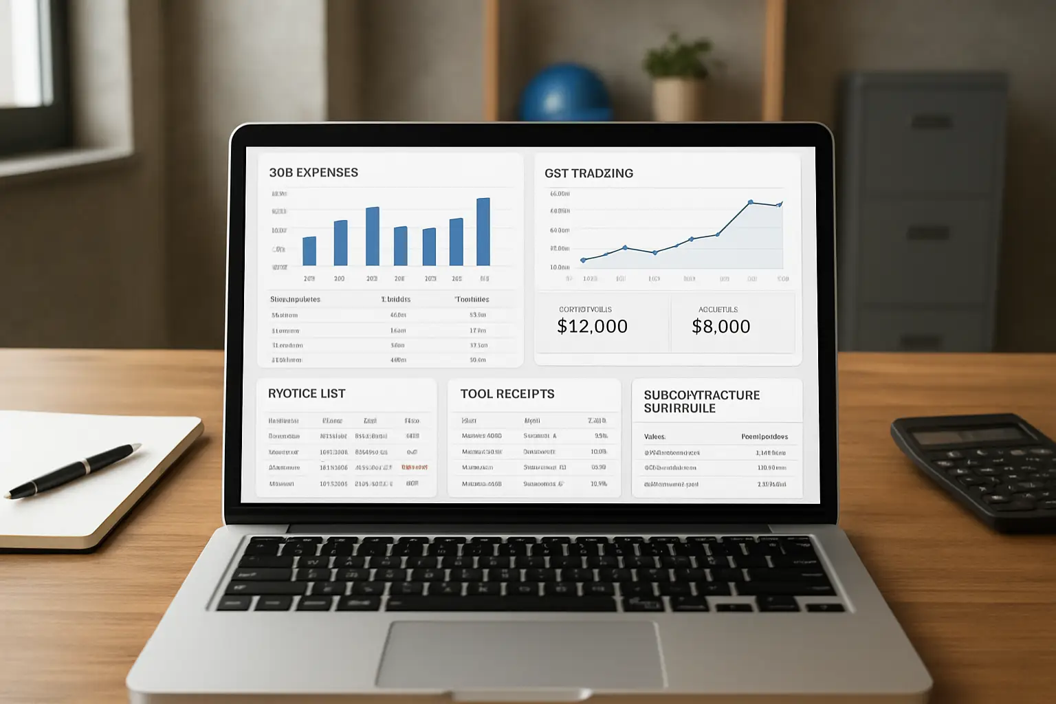 Contractor bookkeeping dashboard with job expenses GST tracking invoices and tool receipts