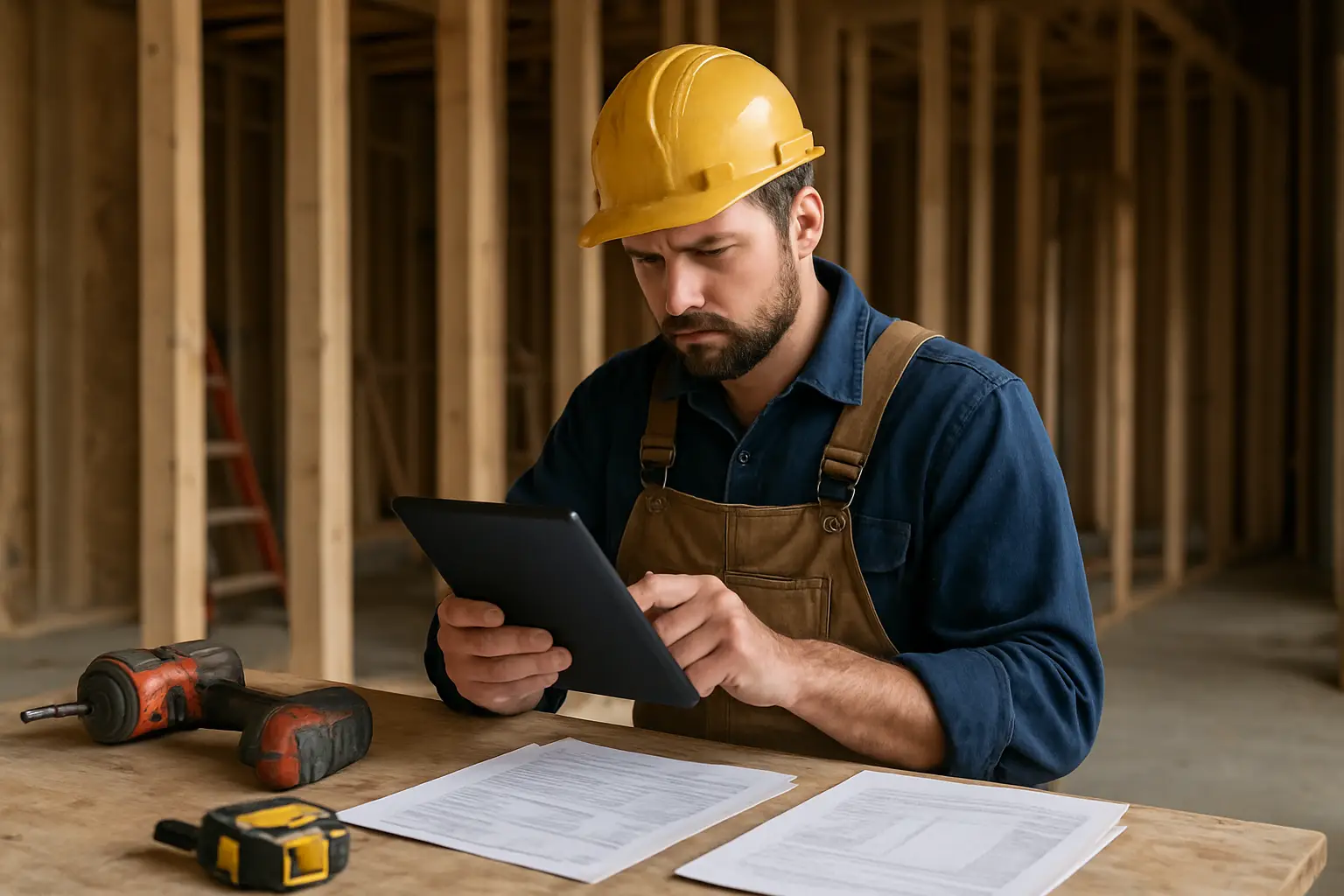 Surrey trades contractor reviewing invoices and expense records on a job site tablet