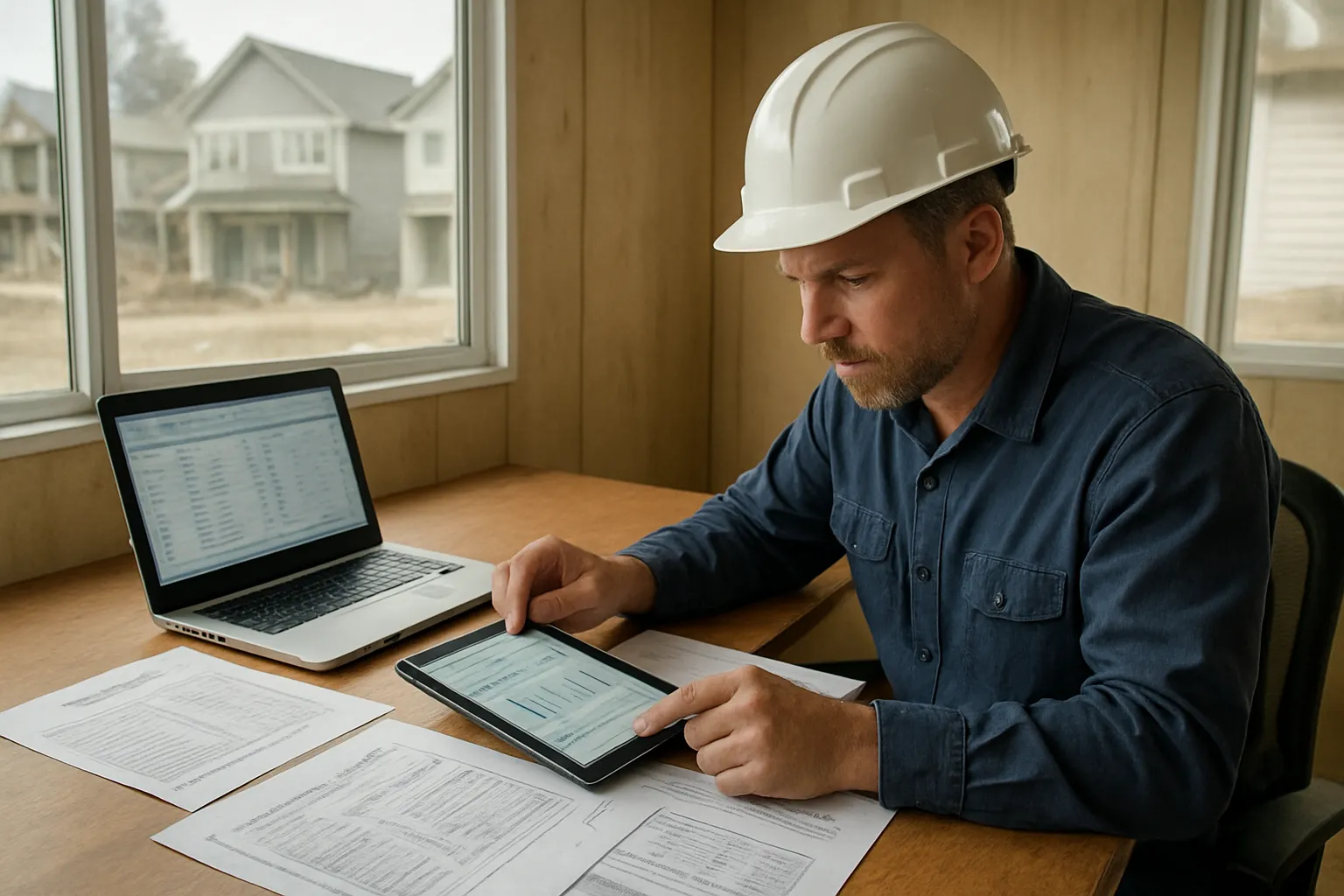 Coquitlam trades or construction business owner reviewing invoices and financial reports on a tablet with Coquitlam residential development visible in background