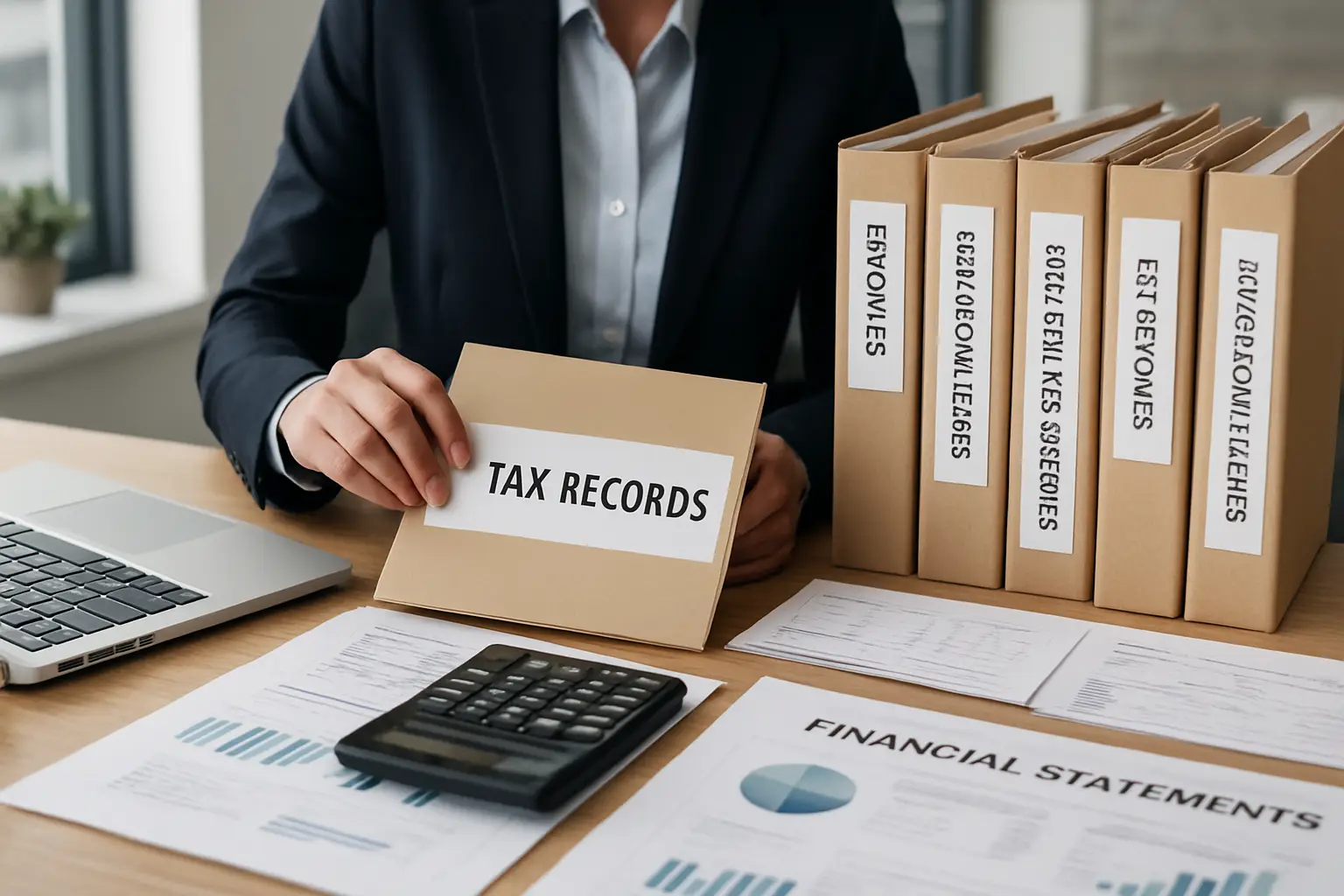 Accountant organizing corporate tax records and year-end documents for a Surrey business