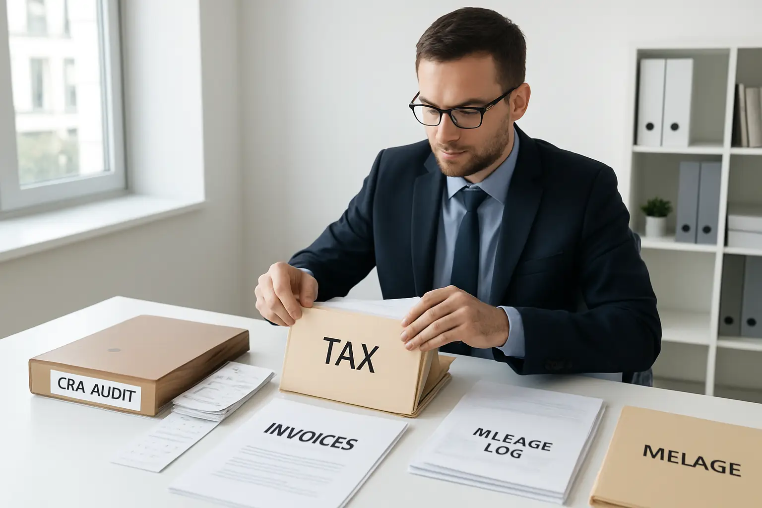 Accountant organizing CRA audit documents receipts invoices and bank statements for a Surrey taxpayer