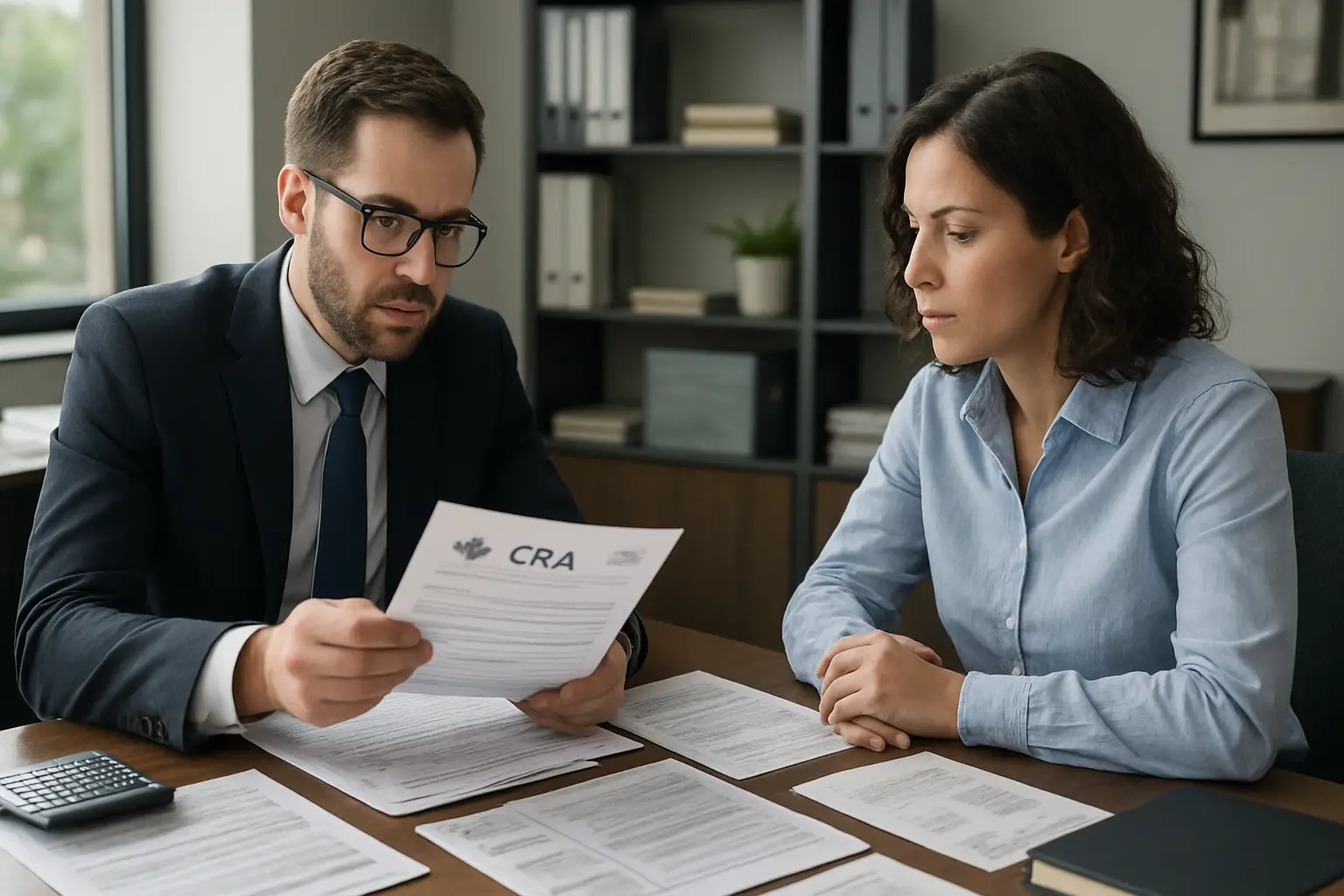 Accountant reviewing CRA notices and organized tax records with a business owner