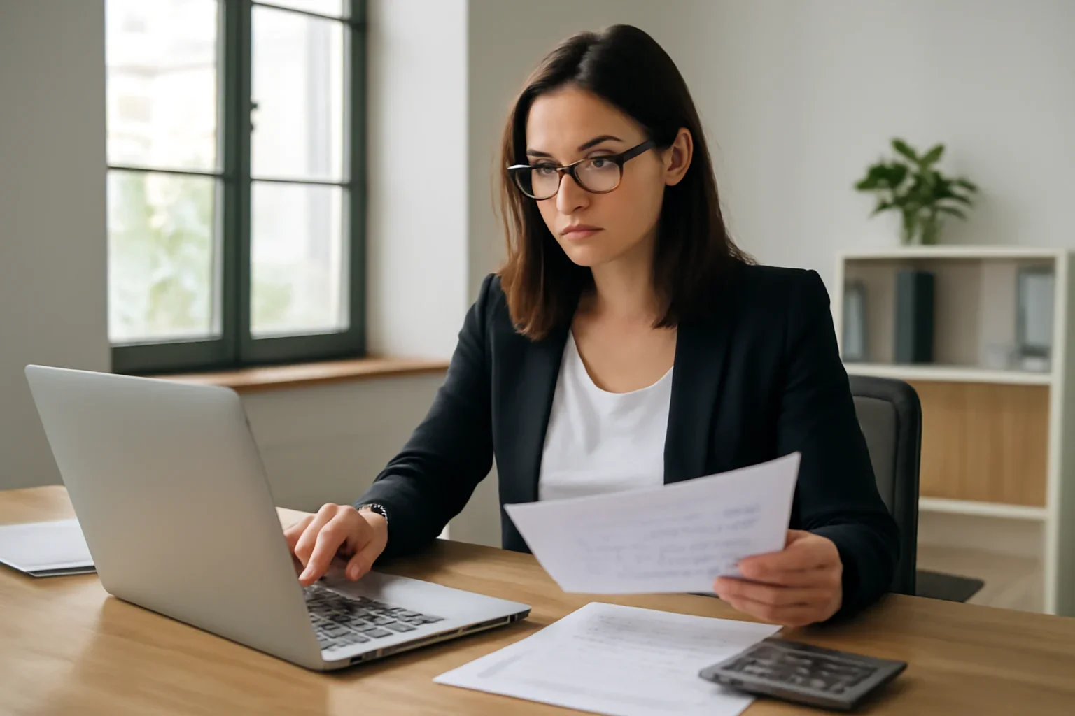 Professional reviewing CRA documents with organized workspace and checklist on screen