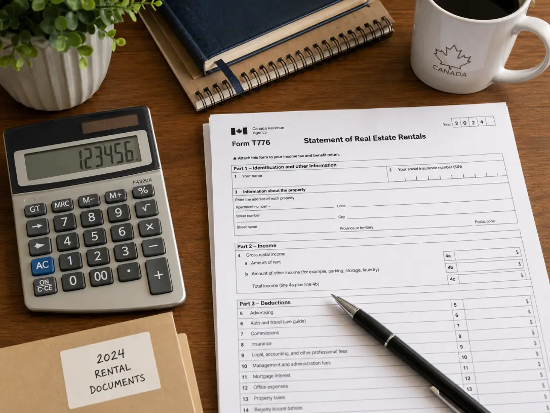 BC landlord reviewing rental property receipts and expense records for tax deductions