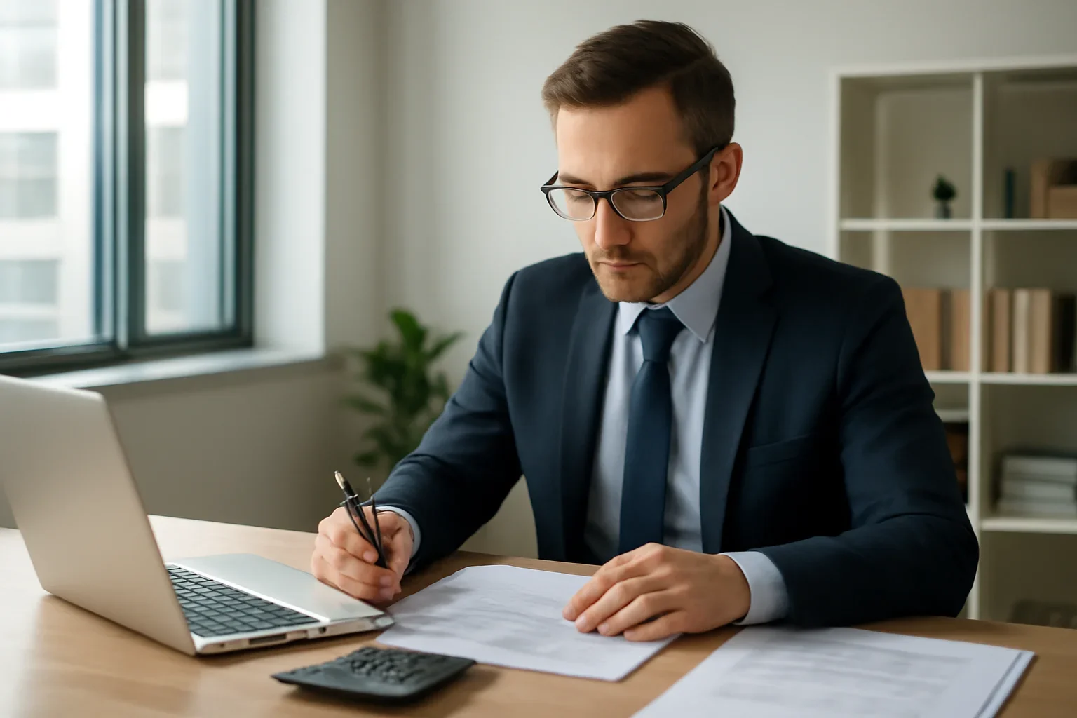 Business owner in professional meeting with accountant, both engaged with laptop discussing corporate taxes