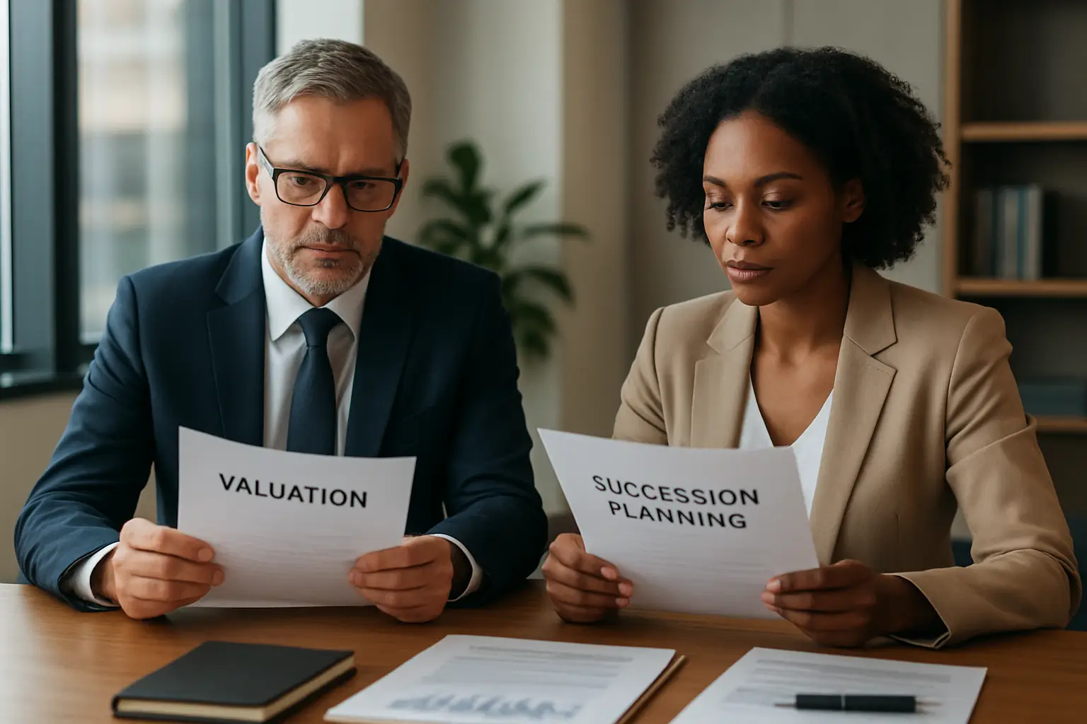 Surrey physician reviewing practice sale valuation and succession planning documents with a doctor accounting advisor