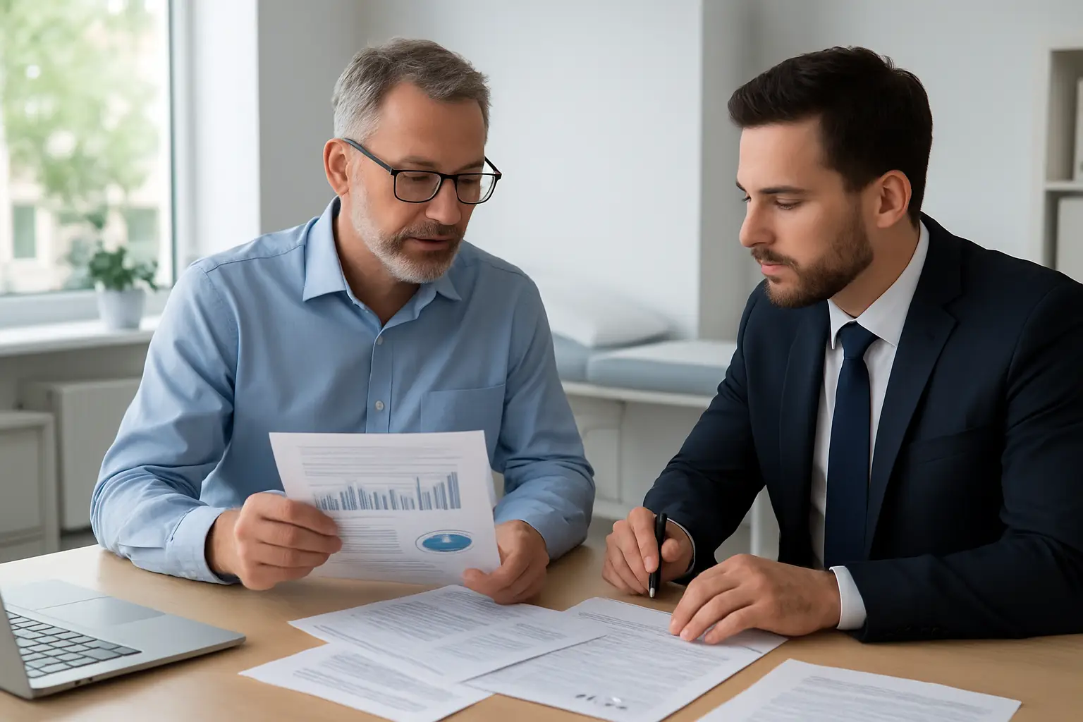 Surrey physician reviewing medical practice financial reports and tax planning strategy with a doctor accounting advisor
