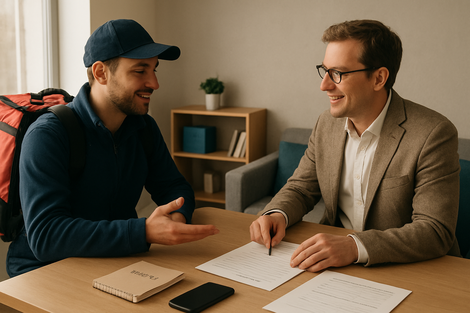 Canadian self employed delivery driver talking to a tax accountant about income and expenses