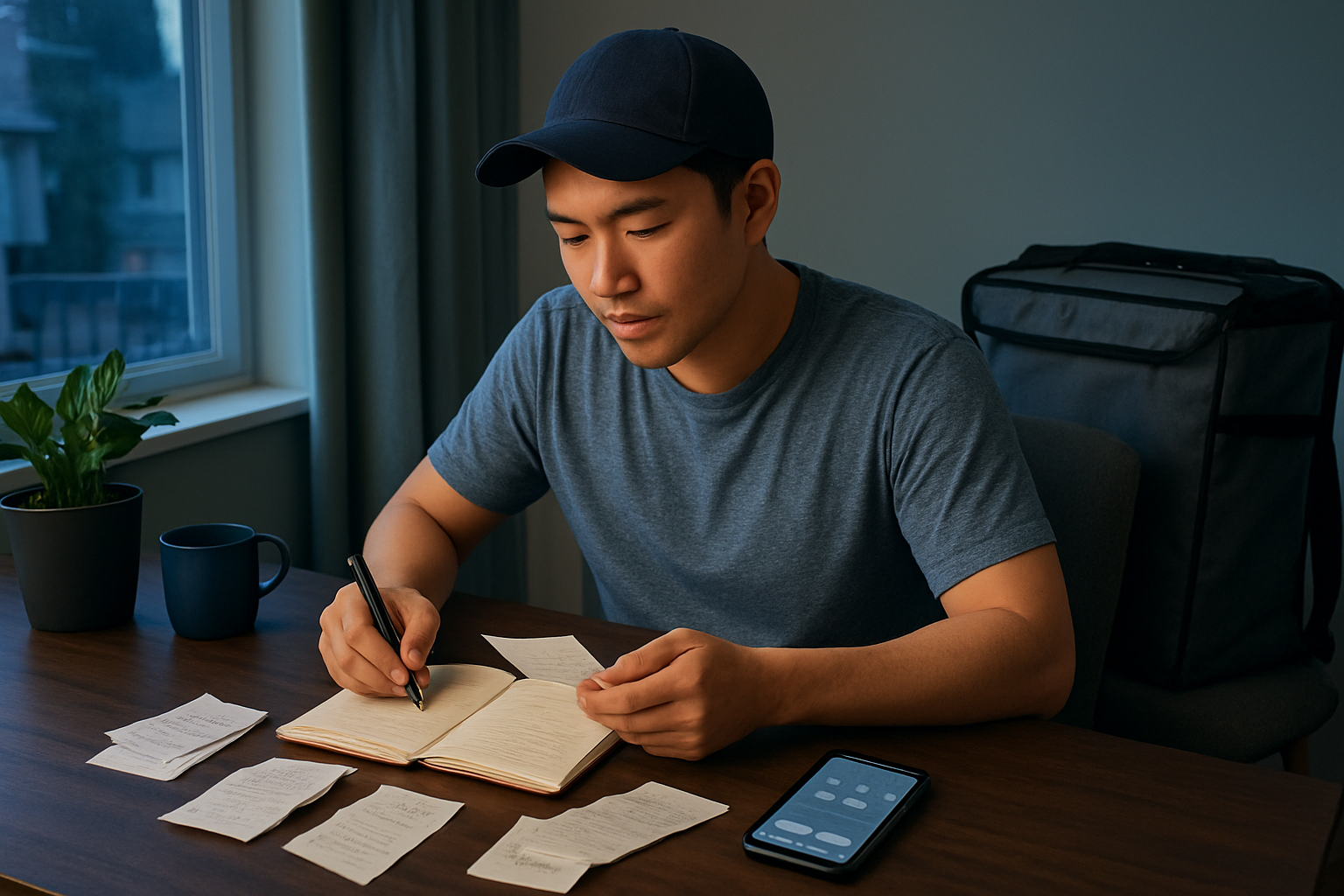 Canadian food delivery driver reviewing earnings and tax records at a desk
