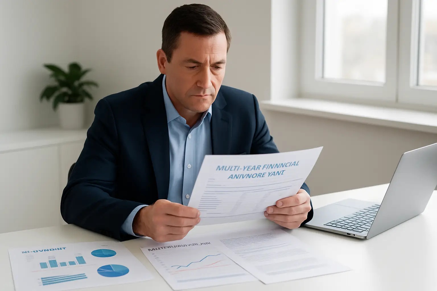 Surrey business owner reviewing a multi-year financial advisory plan with tax and retirement charts