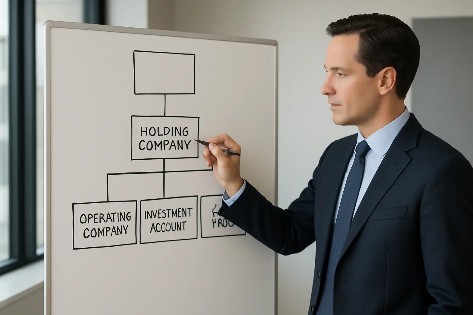 Holding company structure diagram with operating company investment account and family planning notes