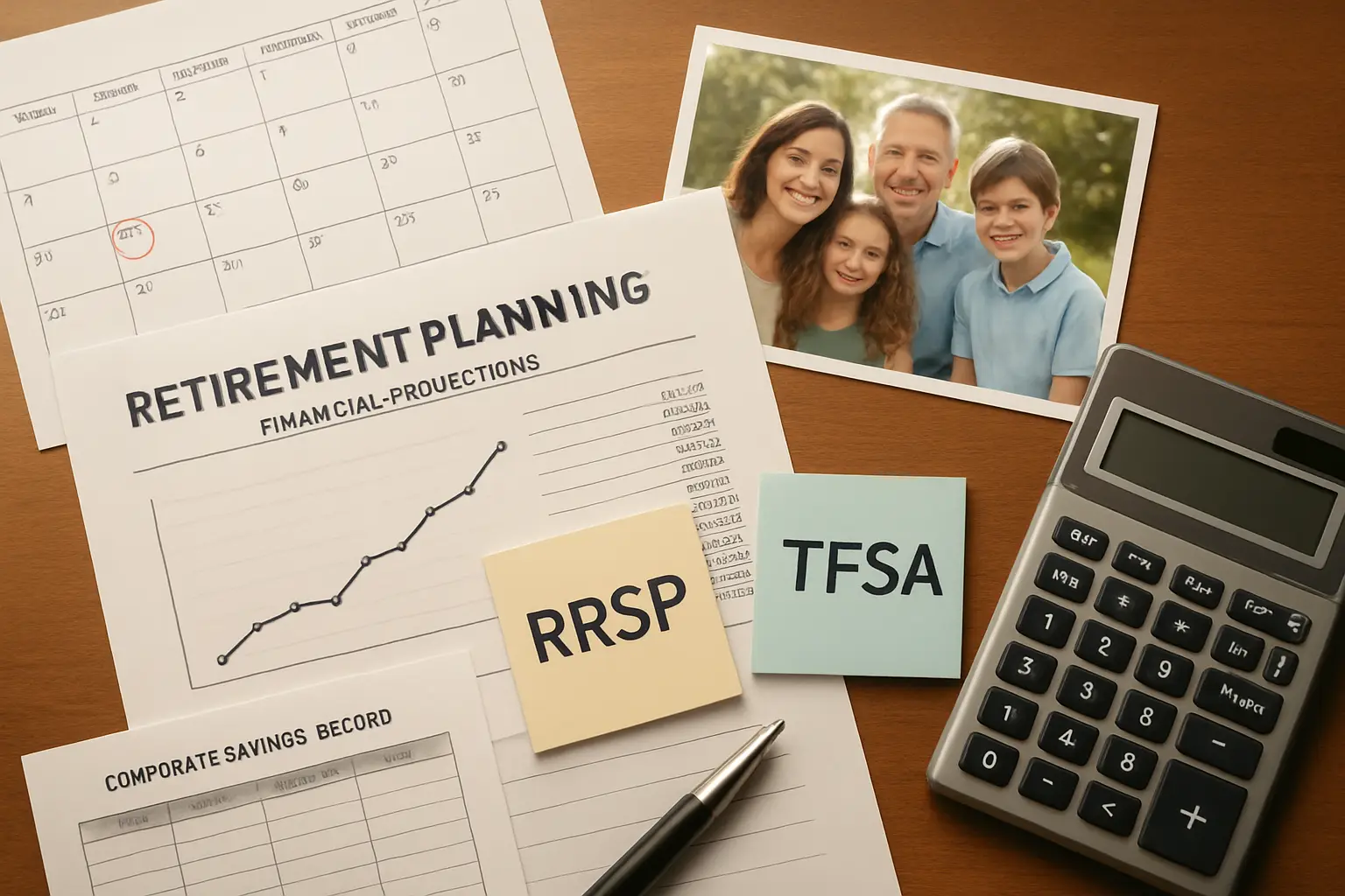 Retirement planning desk with projections calendar family photo and corporate savings notes