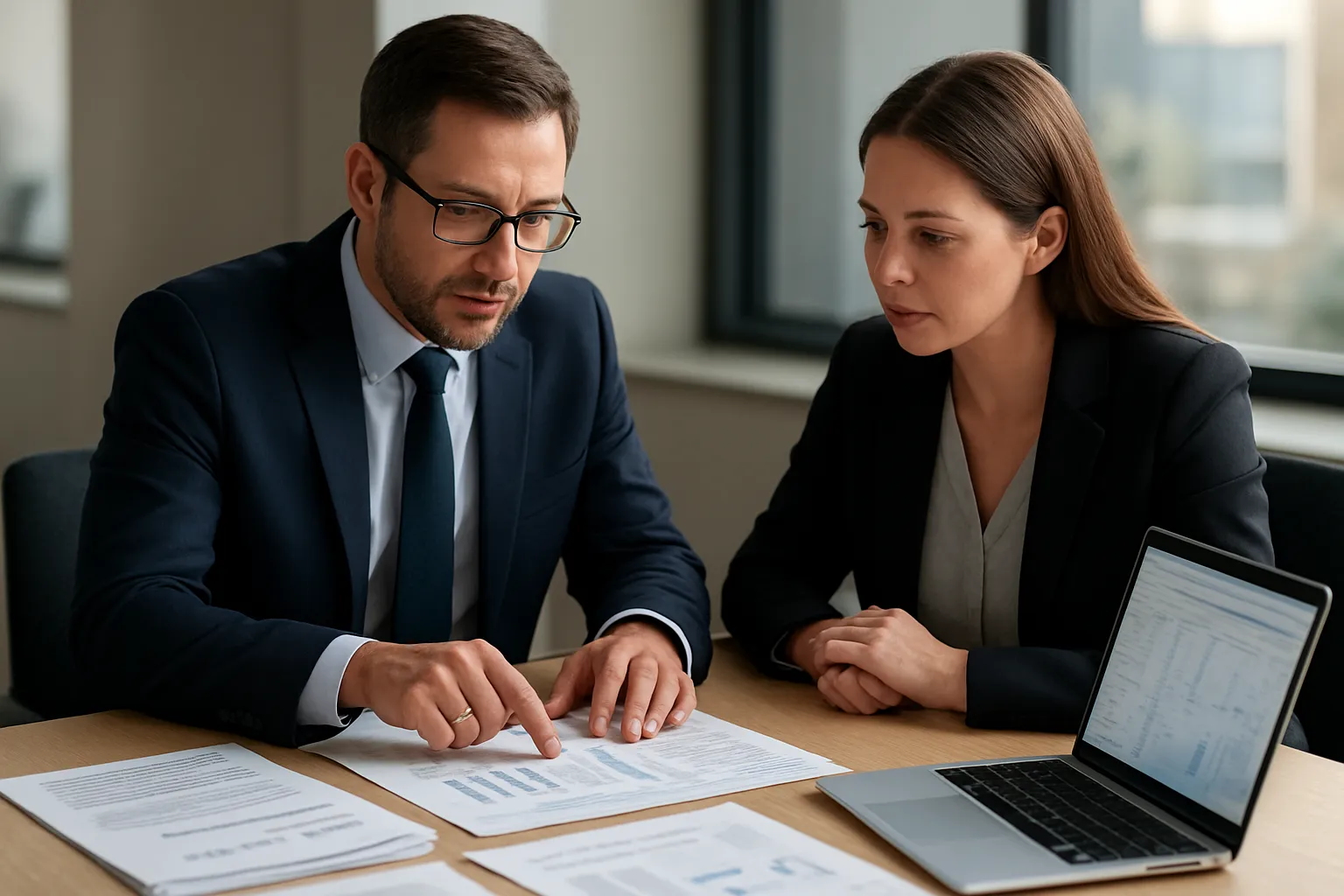 Accounting professional discussing payroll and GST compliance solutions with Fleetwood business owner during consultation meeting, laptop showing financial data, professional workspace.
