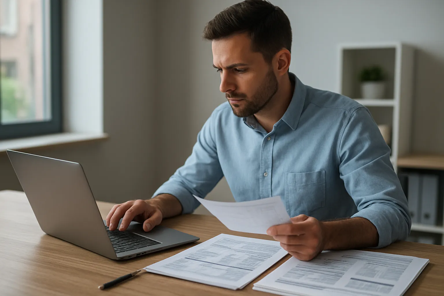Fleetwood small business owner reviewing monthly bookkeeping records and financial statements on laptop at home office desk with organized documentation nearby.