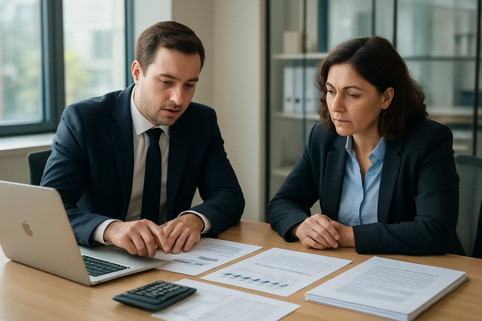 Fleetwood Surrey business owner meeting with accounting advisor to discuss tax filing and bookkeeping services, professional office setting with financial documents visible on desk.