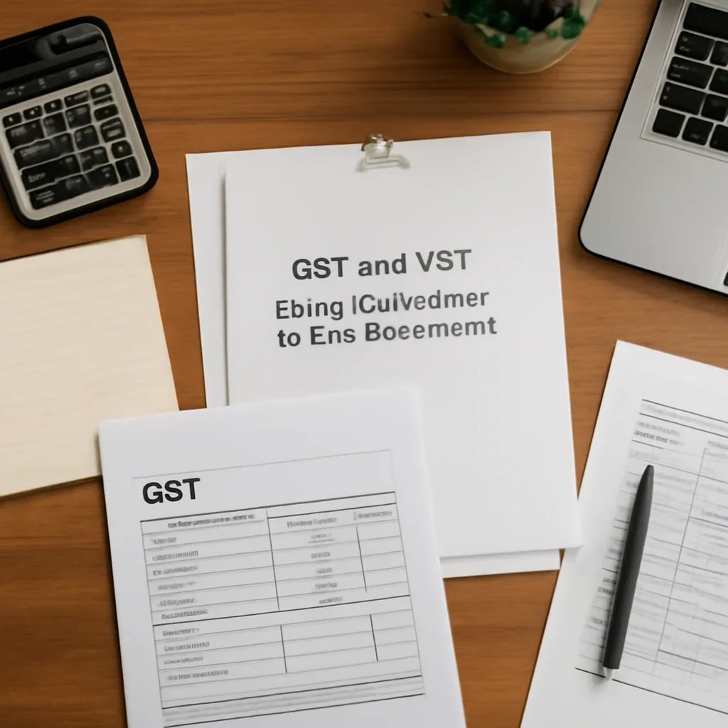 Supporting visual for GST and PST Filing Guide for BC Small Businesses with organized receipts and financial balance documents