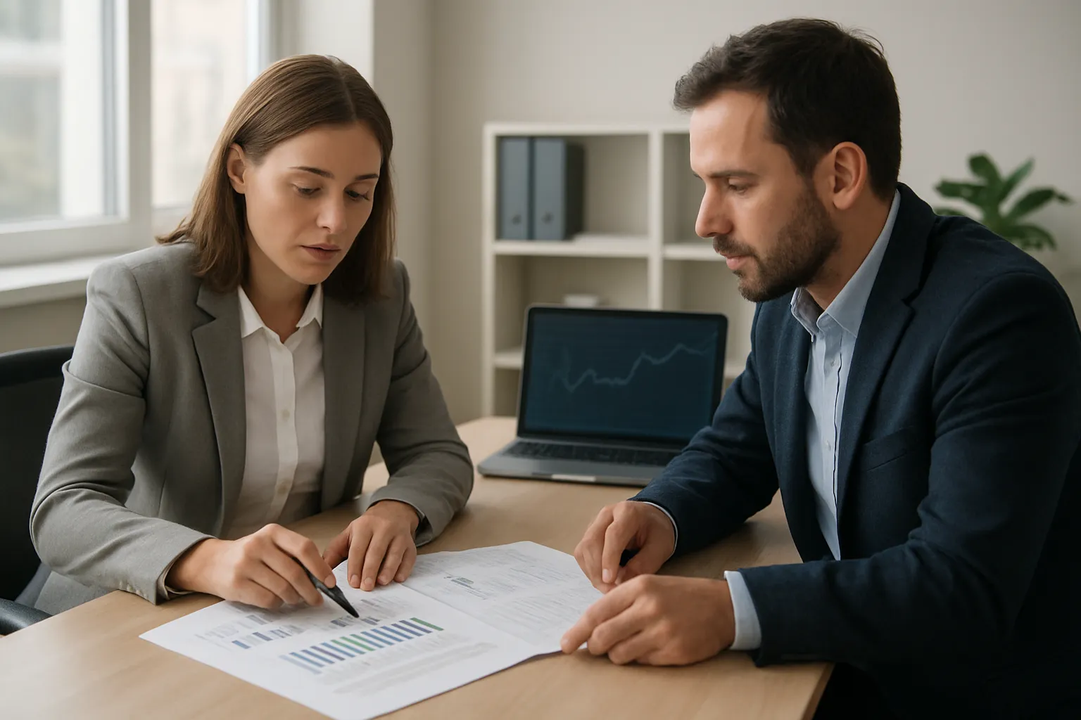 Accountant and Guildford Surrey business owner at a desk reviewing financial documents and laptop screen during a professional accounting consultation