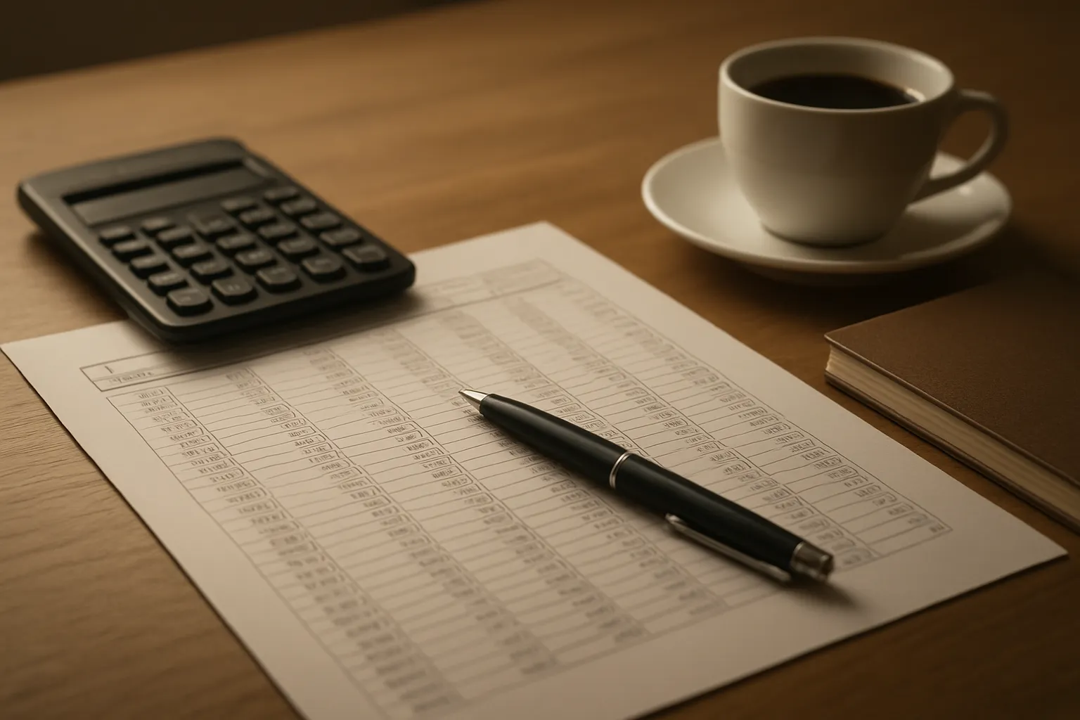 Professional accountant desk with organised financial documents calculator and coffee conveying reliable and detail-oriented accounting service in Guildford Surrey