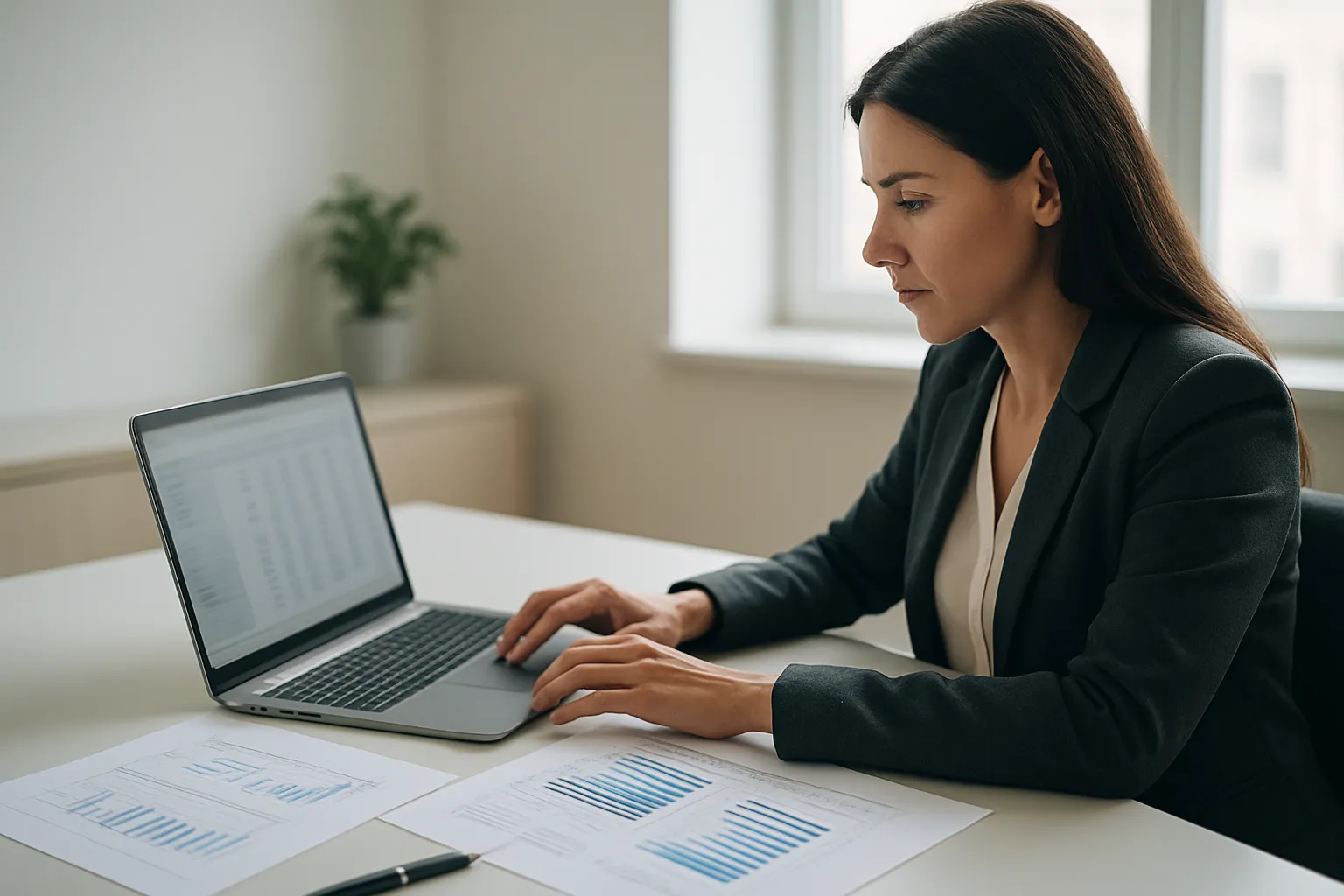 Guildford Surrey clinic owner or retail manager reviewing financial data on a laptop with organised financial documents visible