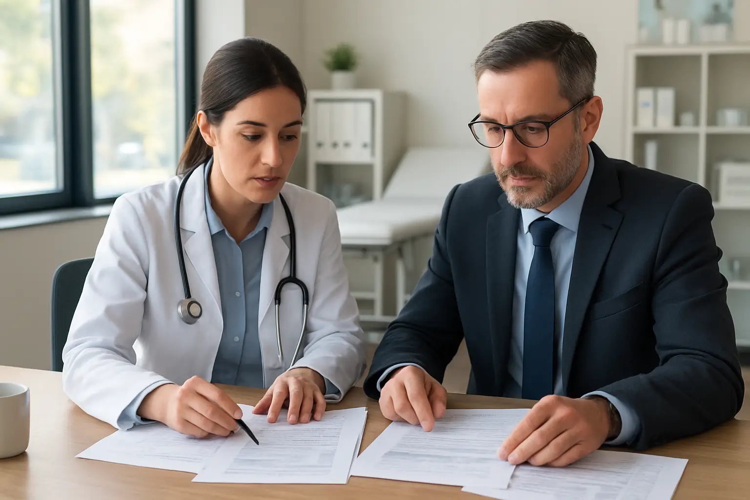 Surrey clinic owner reviewing healthcare accounting reports with a financial advisor