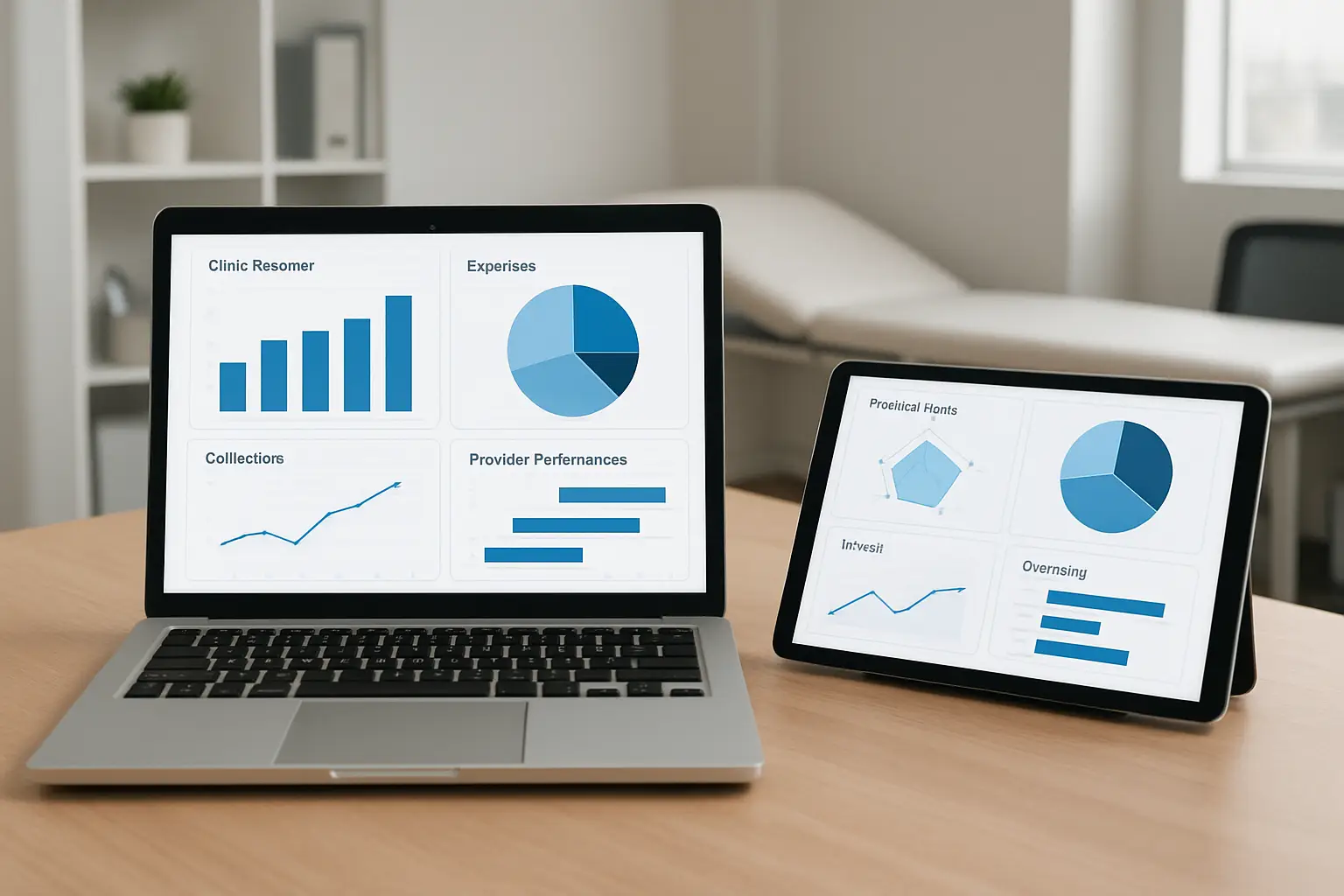 Healthcare practice dashboard showing clinic revenue expenses collections and provider performance
