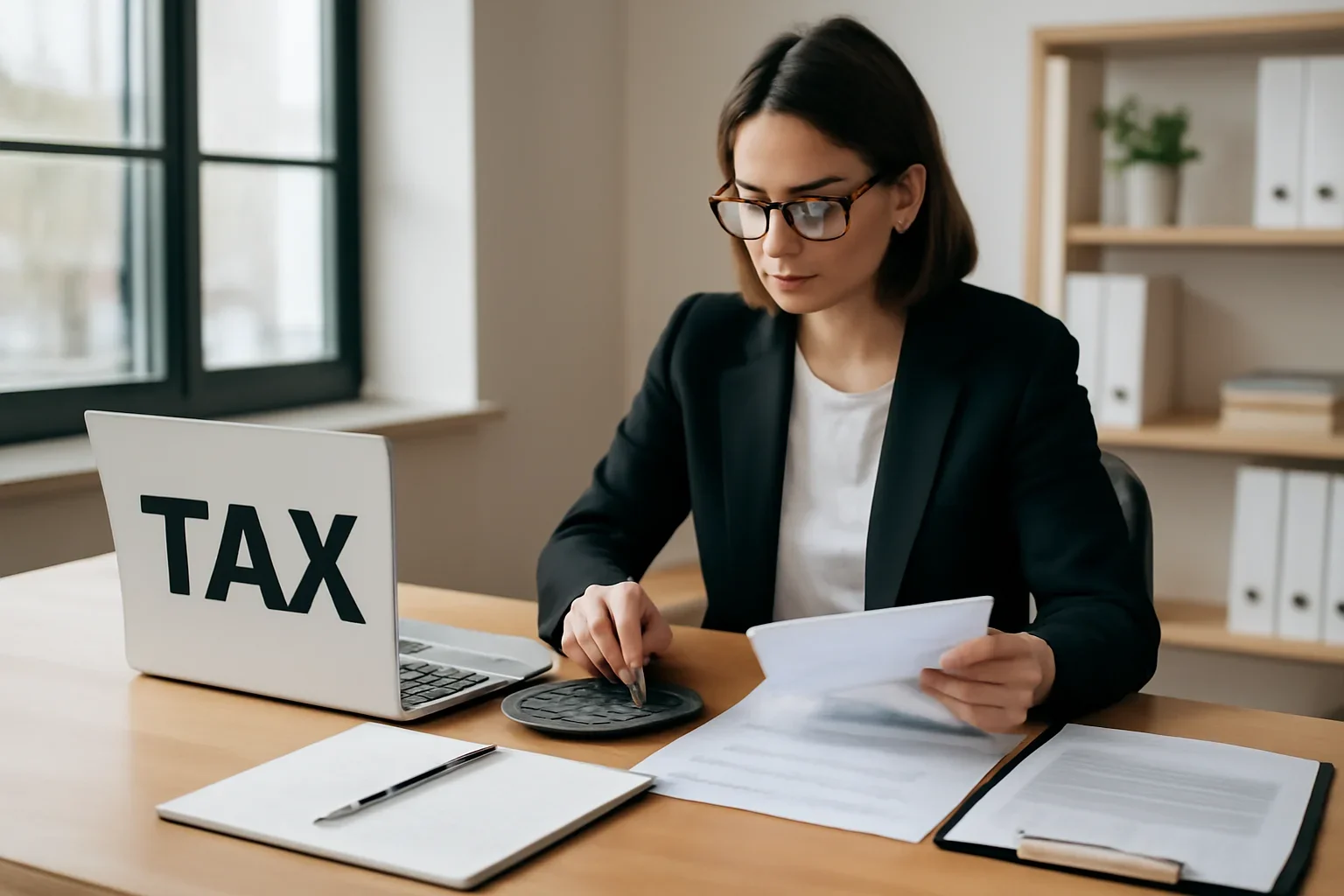 Tax professional preparing return with organized documents and pricing calculators