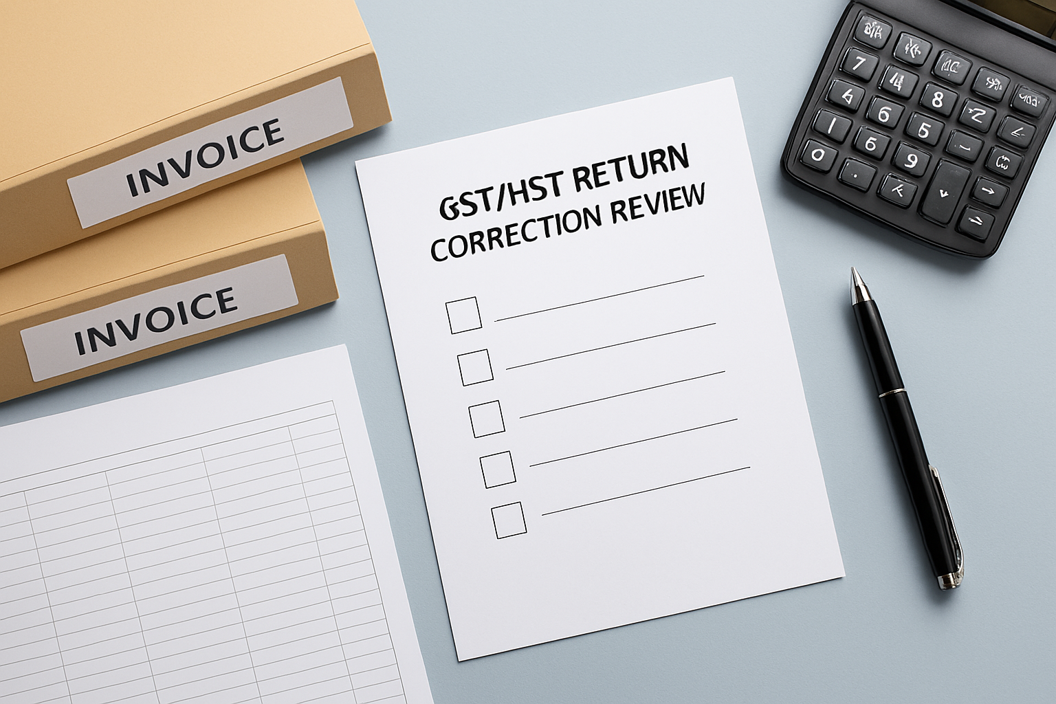 Bookkeeper reviewing a GST/HST return adjustment checklist and business records